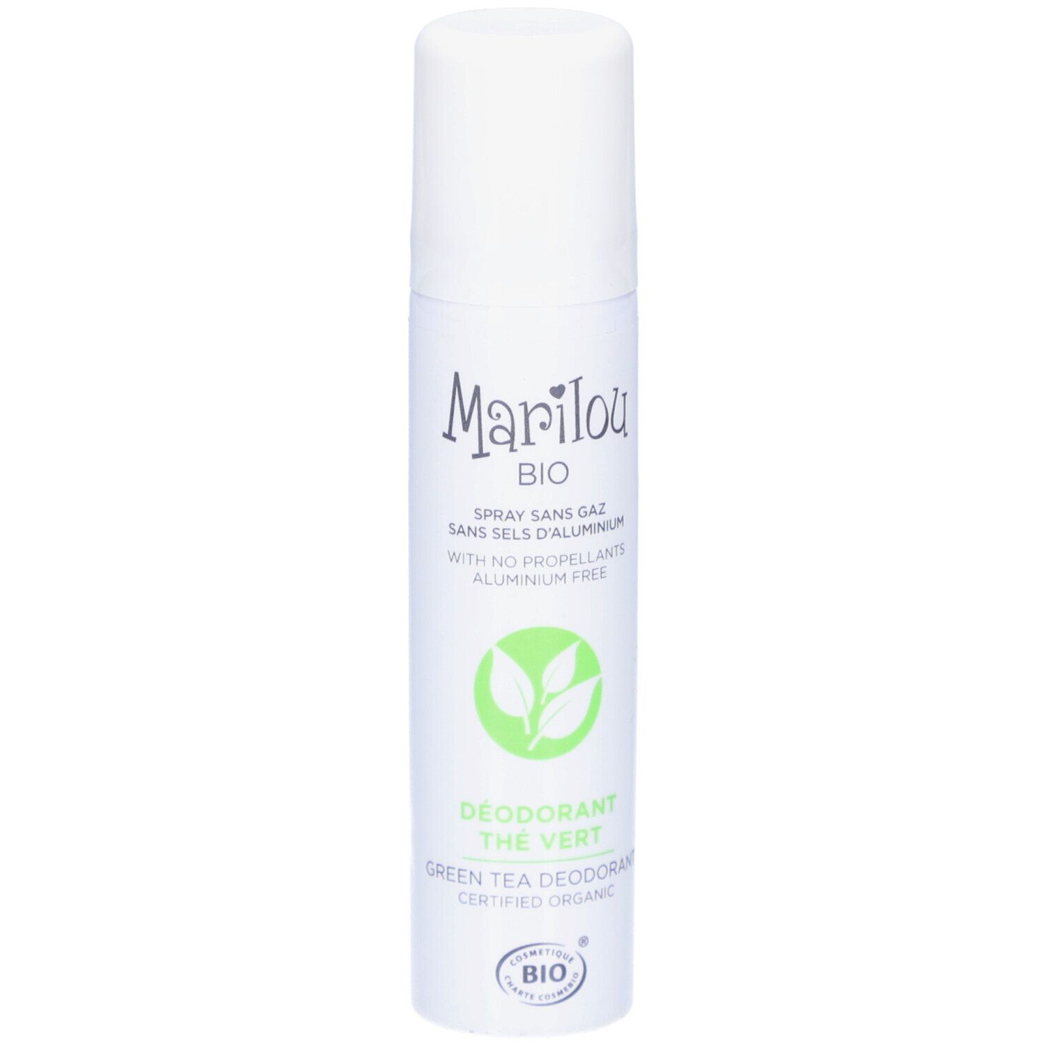 Witte deodorant spray met groene thee. Merk Marilou Bio. Met dop. Opschrift: BIO, Déodorant, The Vert.