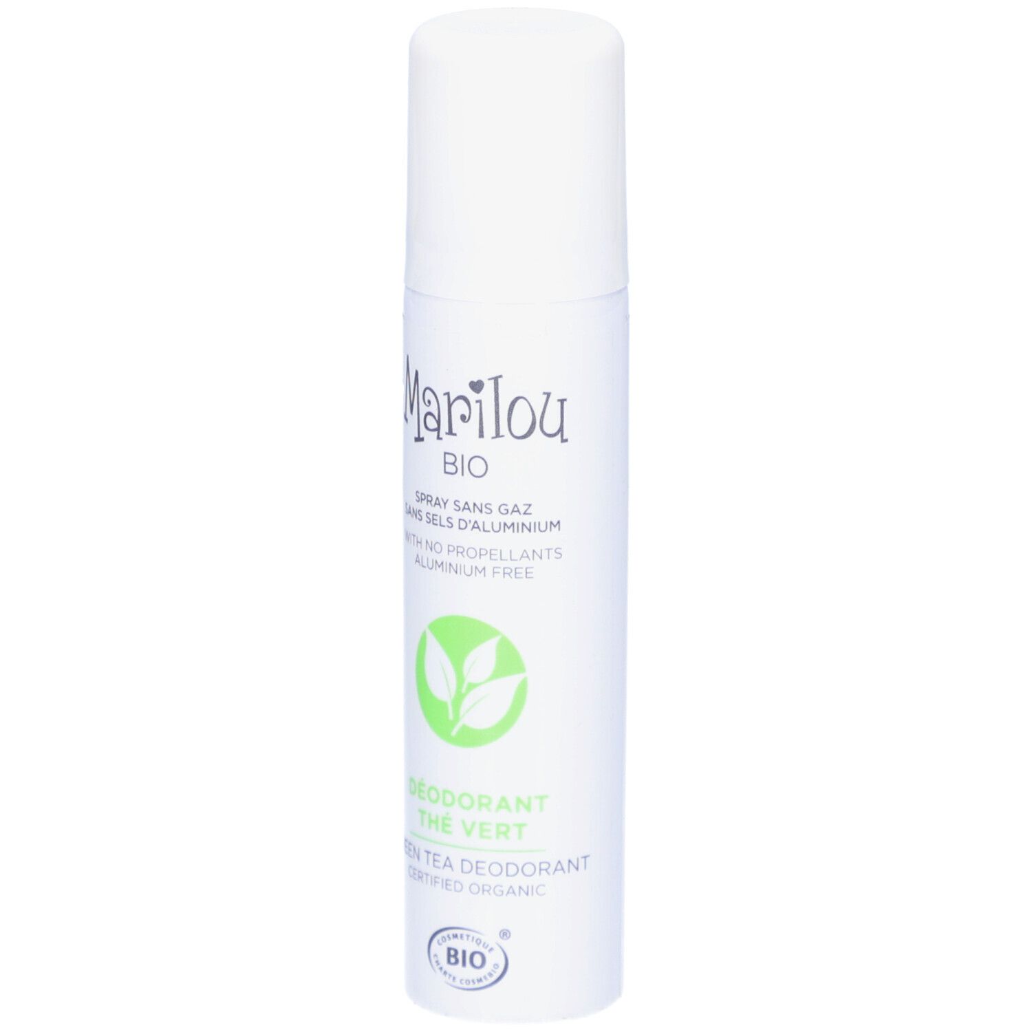 Witte deodorant spray met groene thee. Merk Marilou Bio. Met dop. Opschrift: BIO, Déodorant, The Vert.