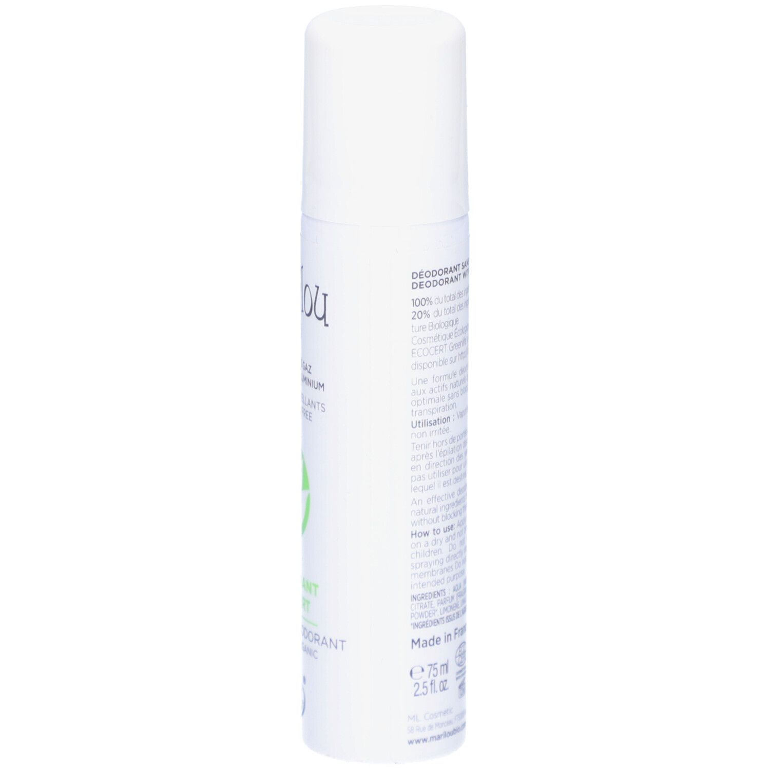 Witte deodorant spray met groene thee. Achterkant met tekst. Merk Marilou Bio. Met dop. Zonder gas.