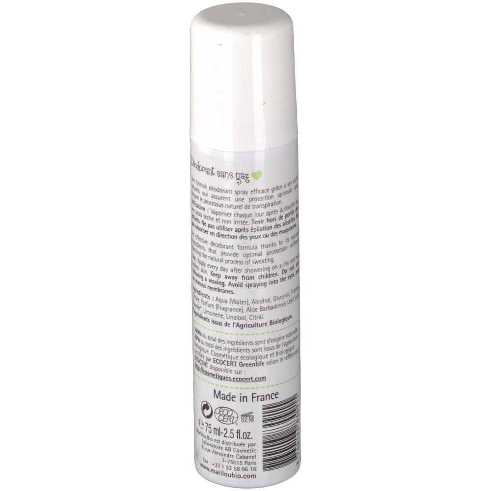 Witte deodorant spray met groene thee. Achterkant met tekst. Merk Marilou Bio. Met dop. Gemaakt in Frankrijk.