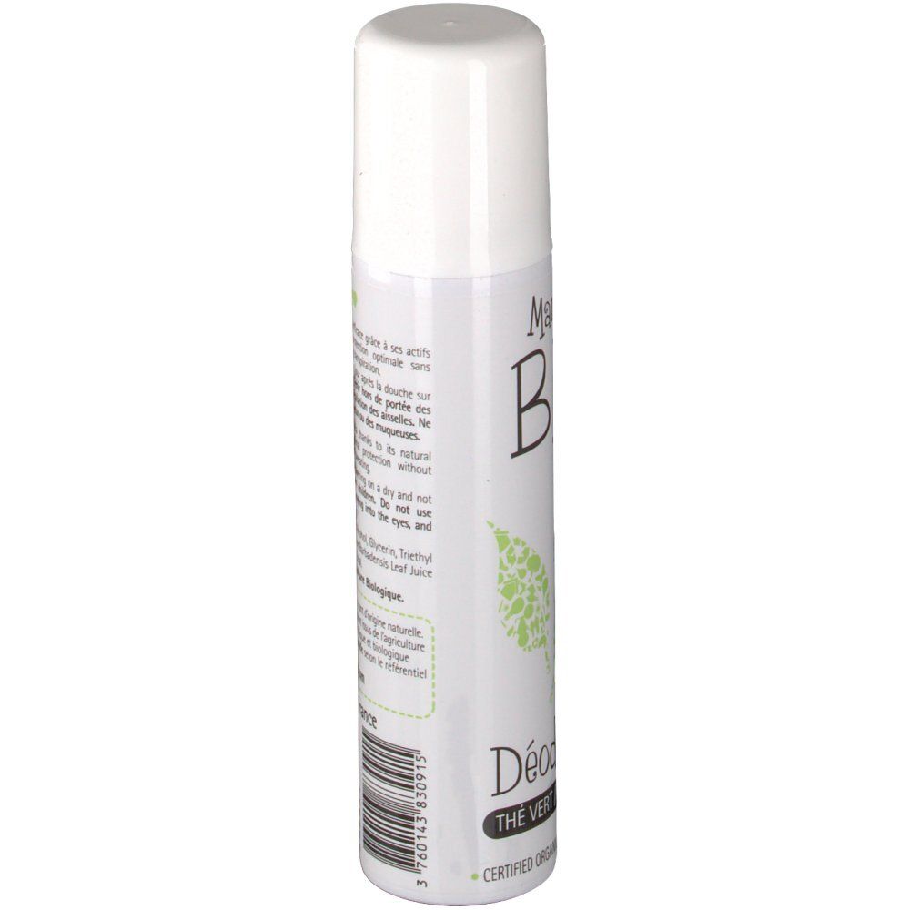 Witte deodorant spray met groene thee. Merk Marilou Bio. Met dop. Opschrift: BIO, Déodorant, The Vert.