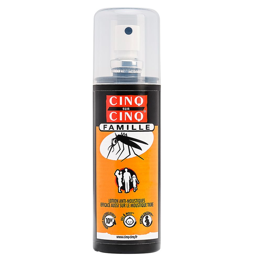 Flacon spray. Inscription: CINQ SUR CINQ FAMILLE. Illustration d'un moustique et d'une famille.