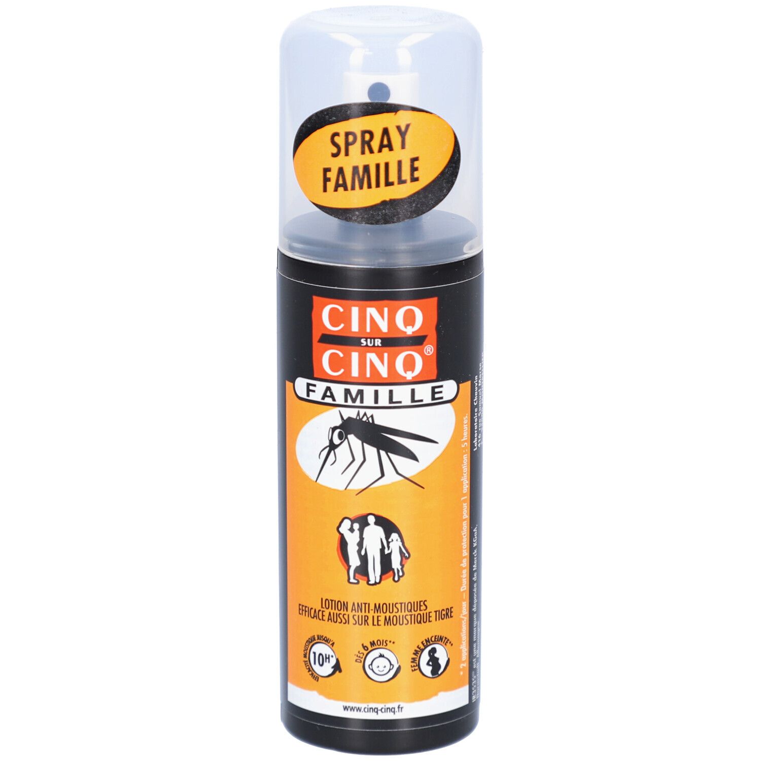 Flacon spray. Inscription: CINQ SUR CINQ FAMILLE. Illustration d'un moustique et d'une famille.
