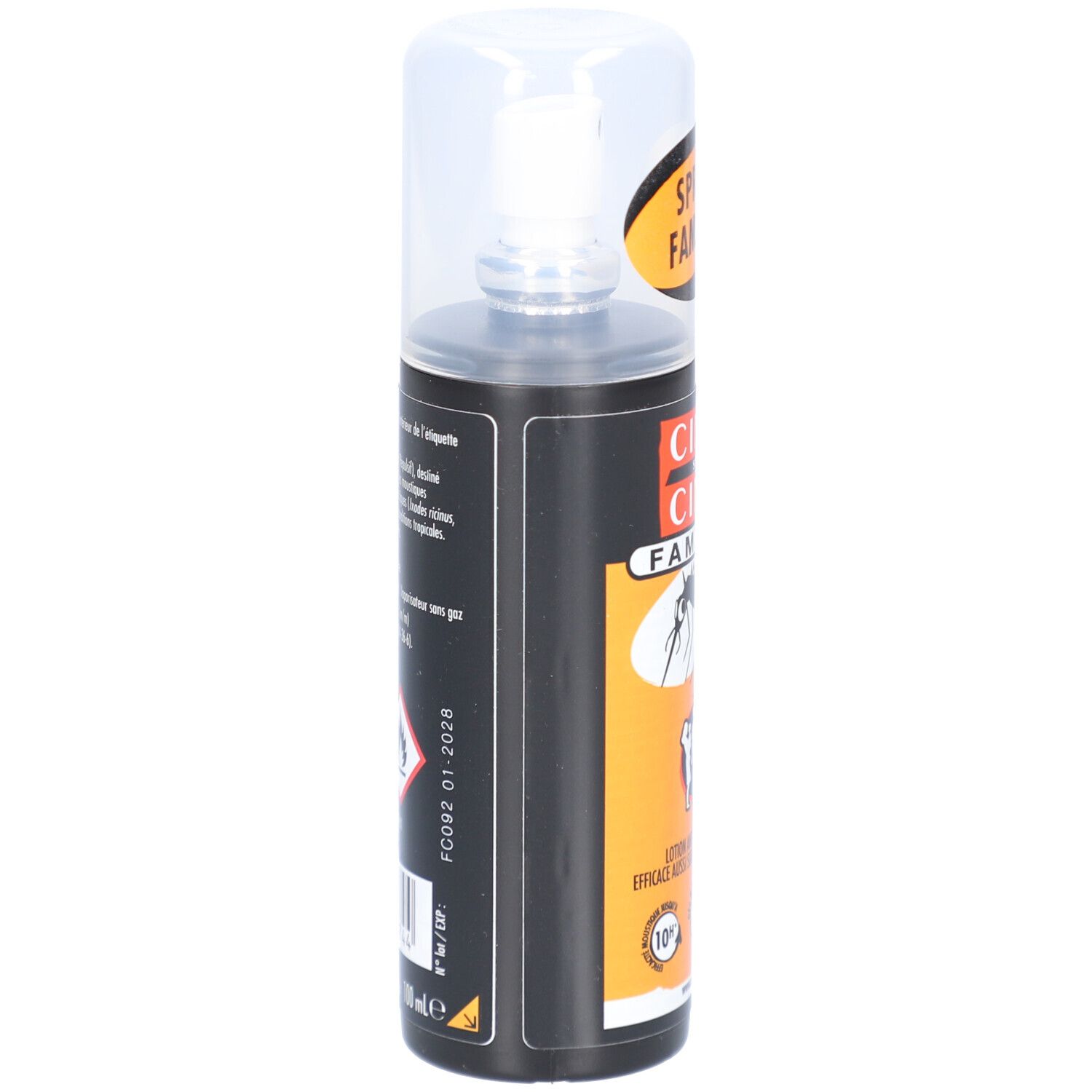 Dos du flacon spray. Informations textuelles et avertissements. Adresse du fabricant.