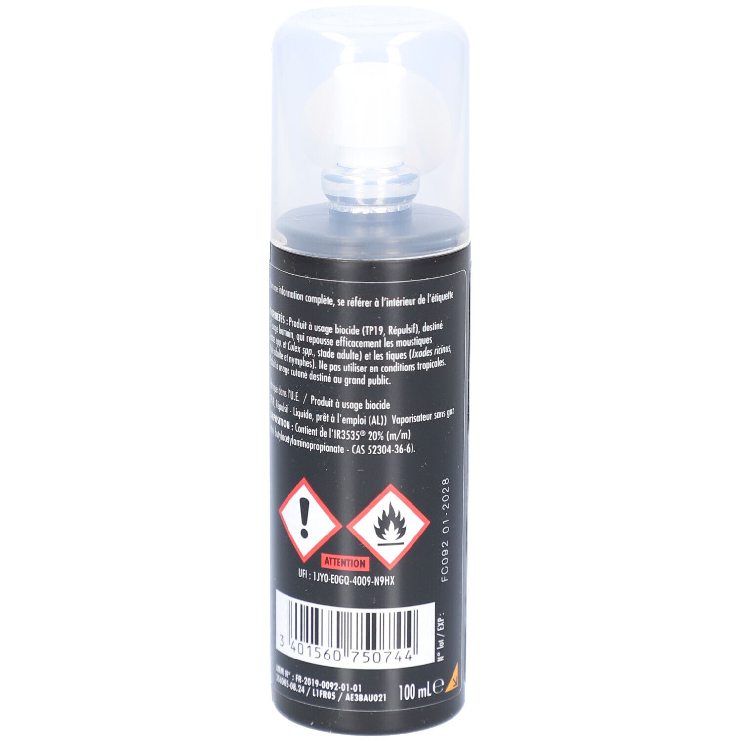Dos du flacon spray. Informations textuelles et avertissements. Adresse du fabricant.