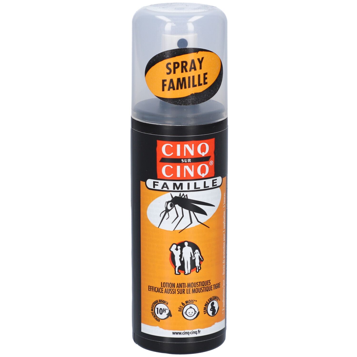 Flacon spray. Inscription: CINQ SUR CINQ FAMILLE. Illustration d'un moustique et d'une famille.
