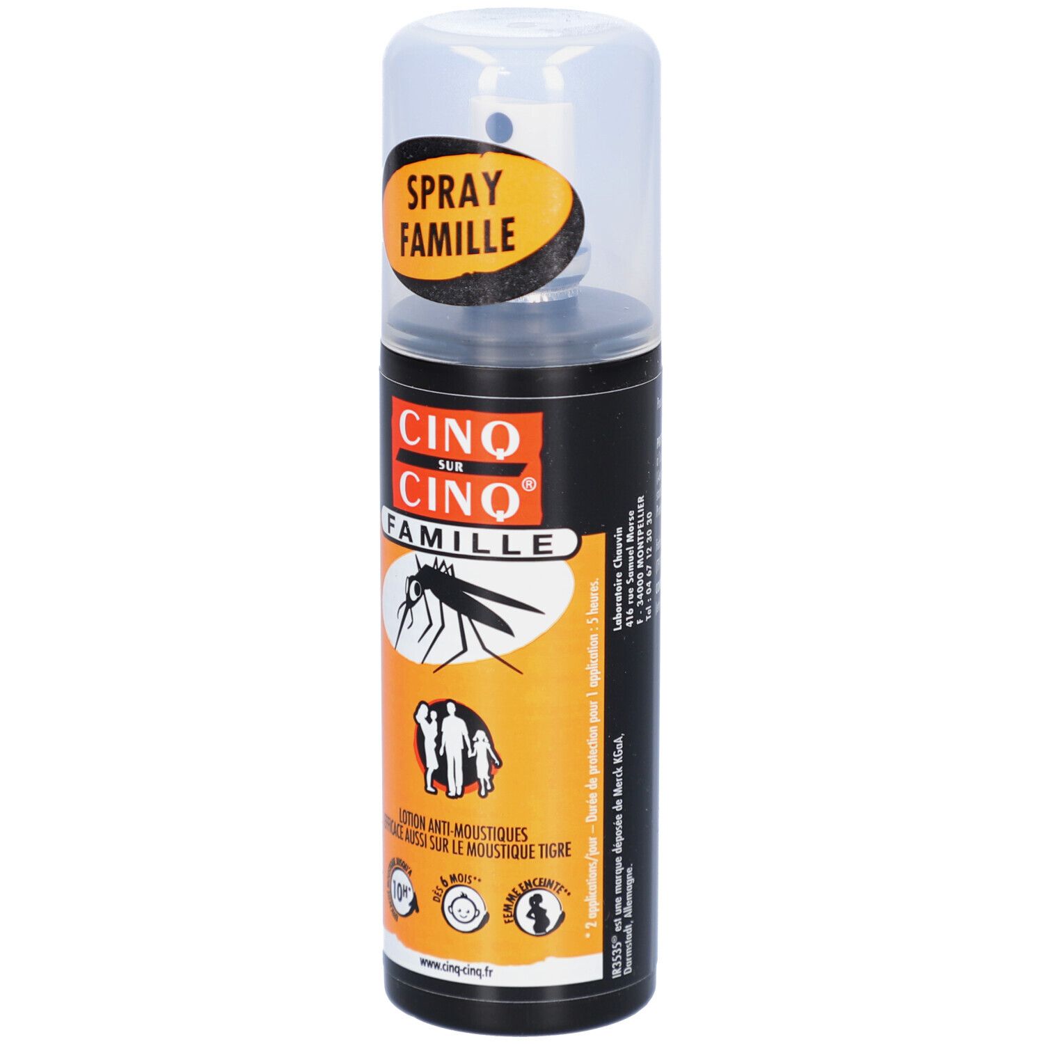 Flacon spray. Inscription: CINQ SUR CINQ FAMILLE. Illustration d'un moustique et d'une famille.