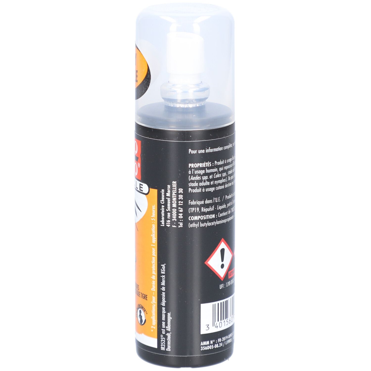 Dos du flacon spray. Informations textuelles et avertissements. Adresse du fabricant.