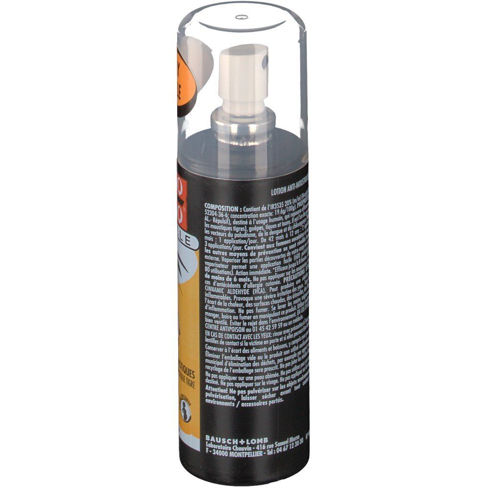 Dos du flacon spray. Informations textuelles et avertissements. Adresse du fabricant.
