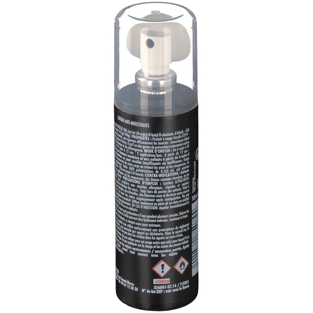 Dos du flacon spray. Informations textuelles et avertissements. Adresse du fabricant.