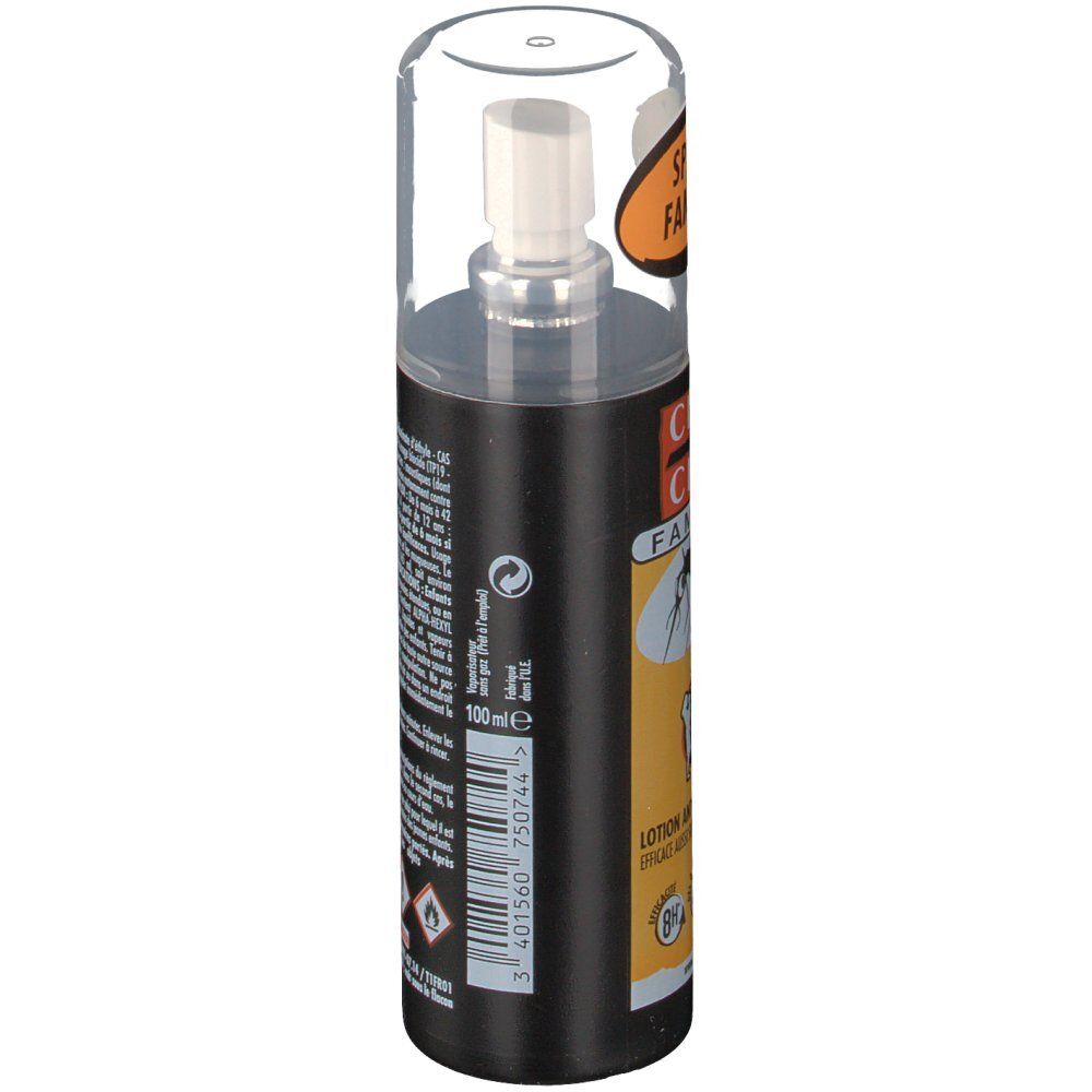 Dos du flacon spray. Informations textuelles et avertissements. Adresse du fabricant.