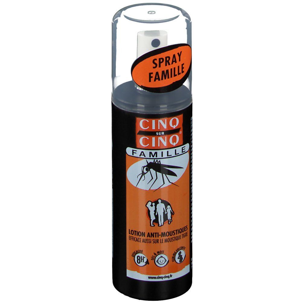 Flacon spray. Inscription: CINQ SUR CINQ FAMILLE. Illustration d'un moustique et d'une famille.