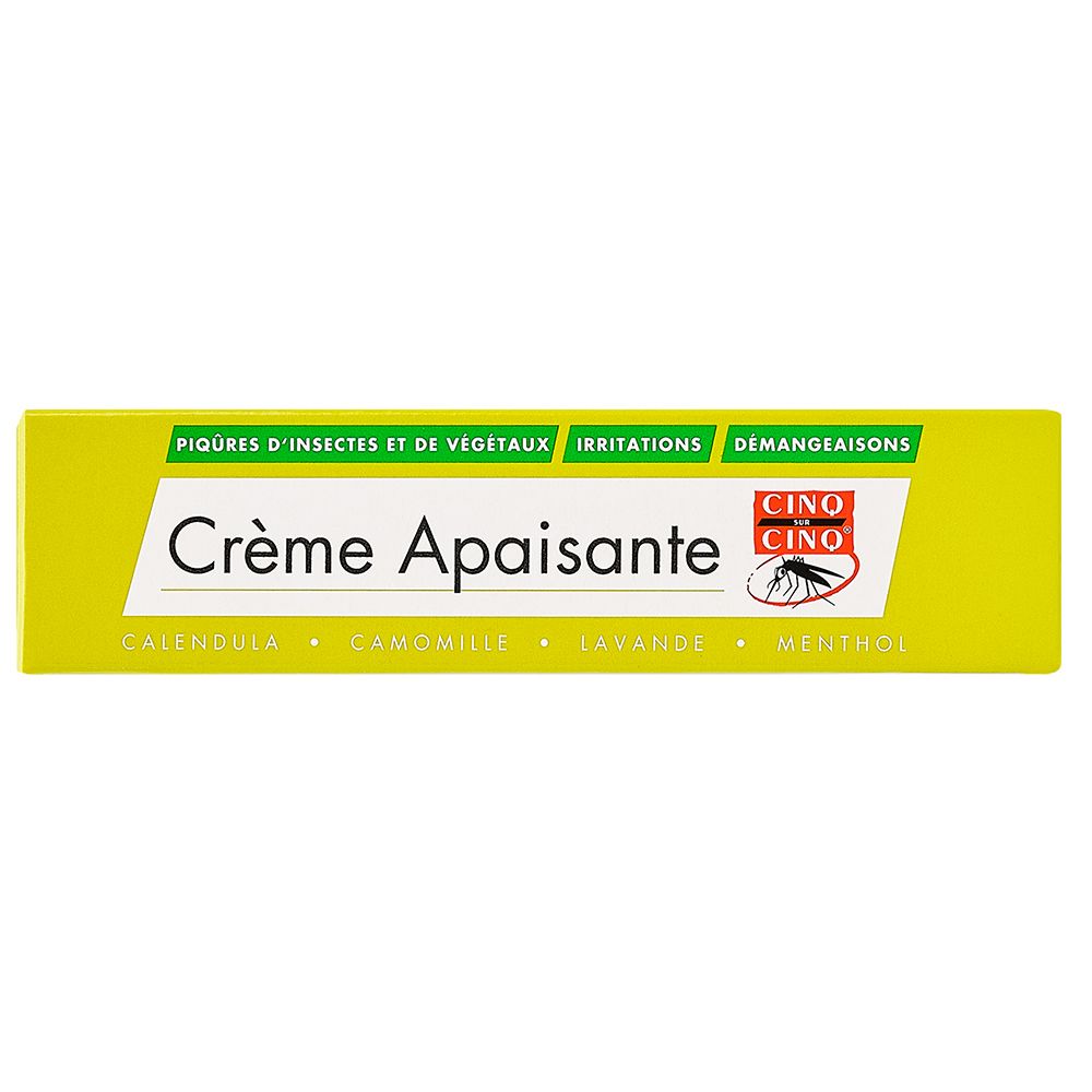 Boîte jaune avec nom du produit et logo. Texte : Crème Apaisante, CINO CINO, piqûres d'insectes.