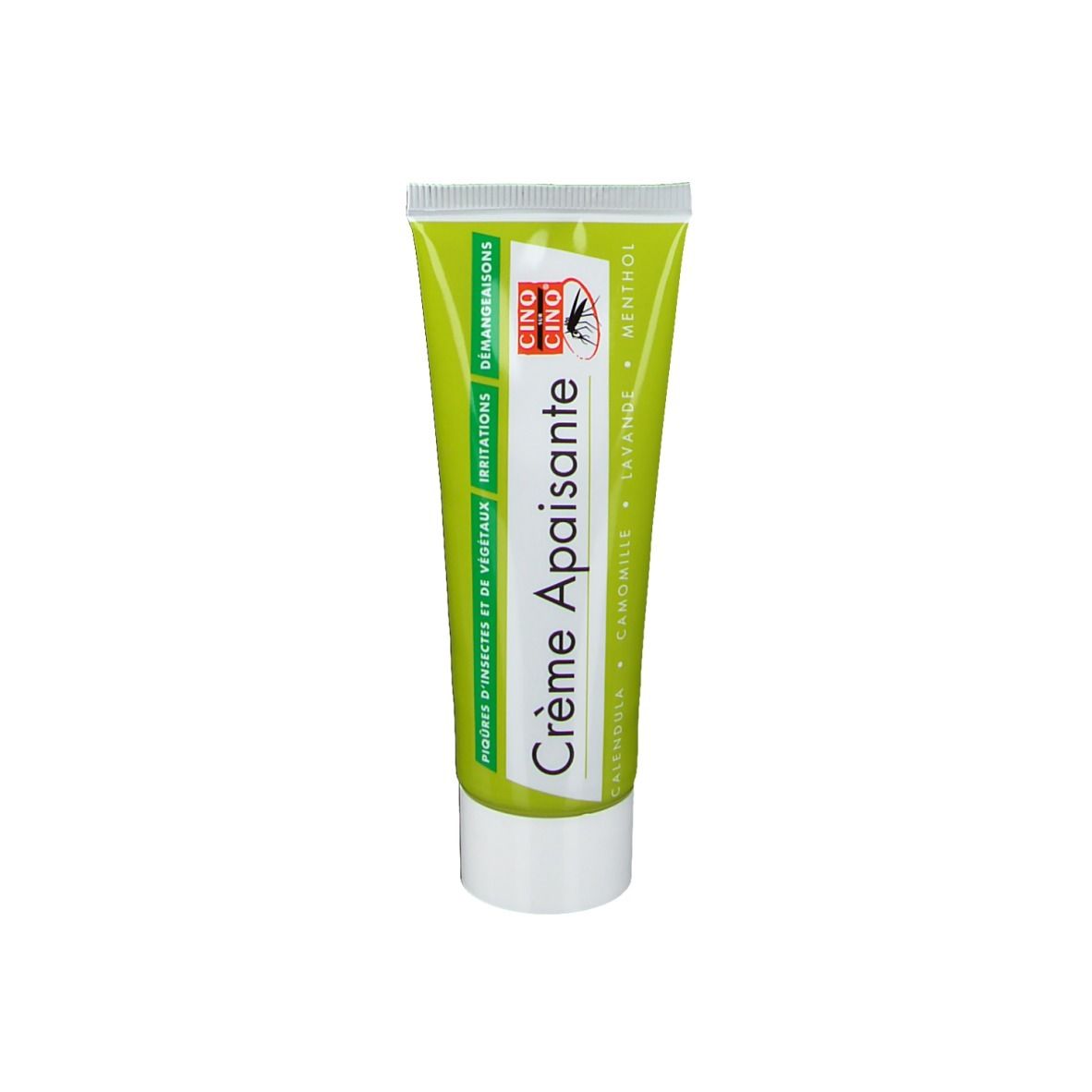 Tube avec nom et logo du produit. Texte : Crème Apaisante, CINO CINO, piqûres, irritations.