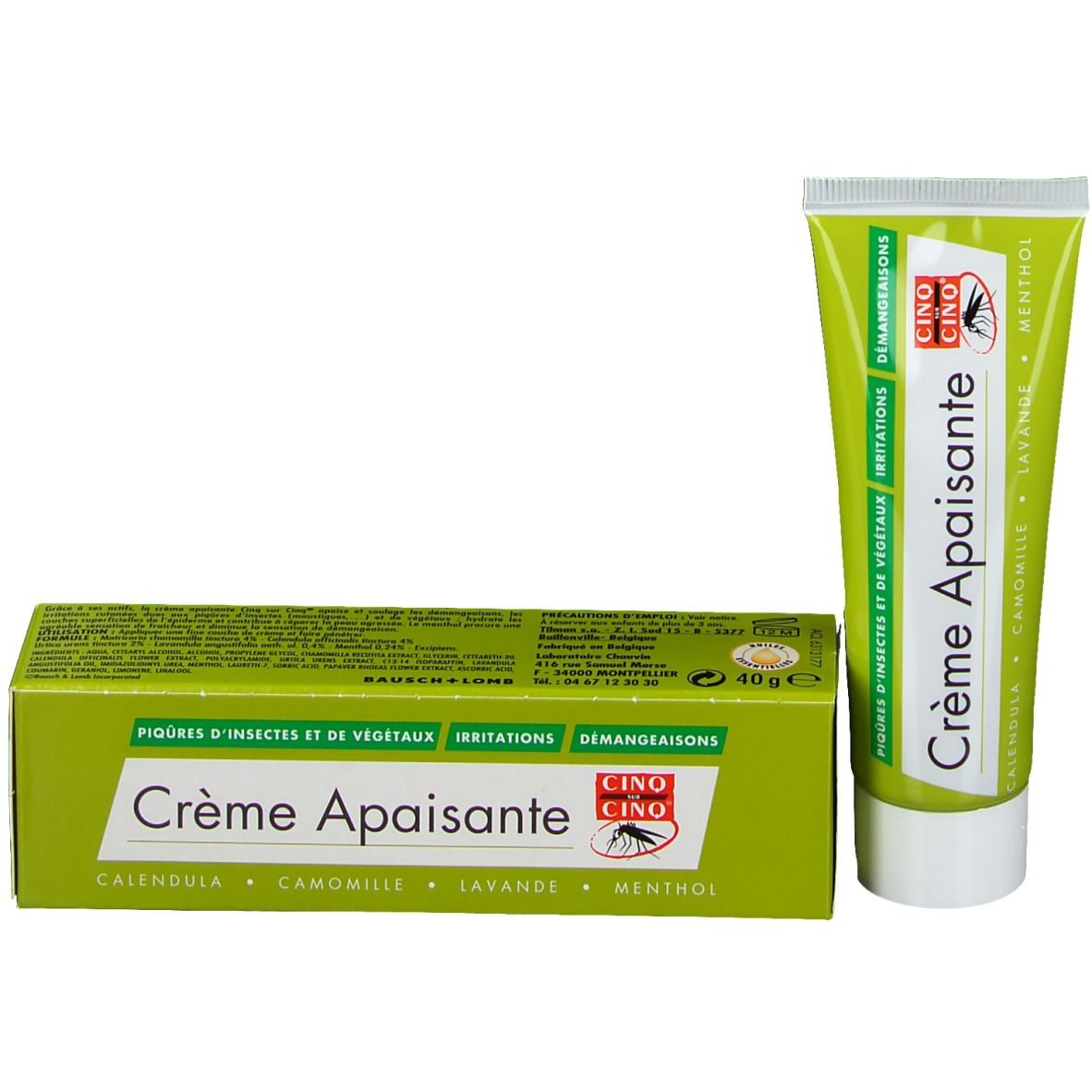 Produit et boîte. Tube et boîte avec nom et logo du produit. Texte : Crème Apaisante, CINO CINO.