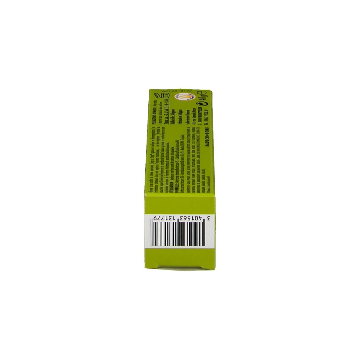 Vue latérale de la boîte. Texte : Code-barres, informations fabricant, numéro de lot.