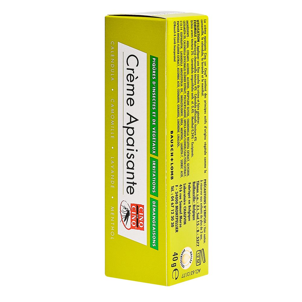 Boîte avec nom et logo du produit. Texte : Crème Apaisante, CINO CINO, piqûres d'insectes. 40g.