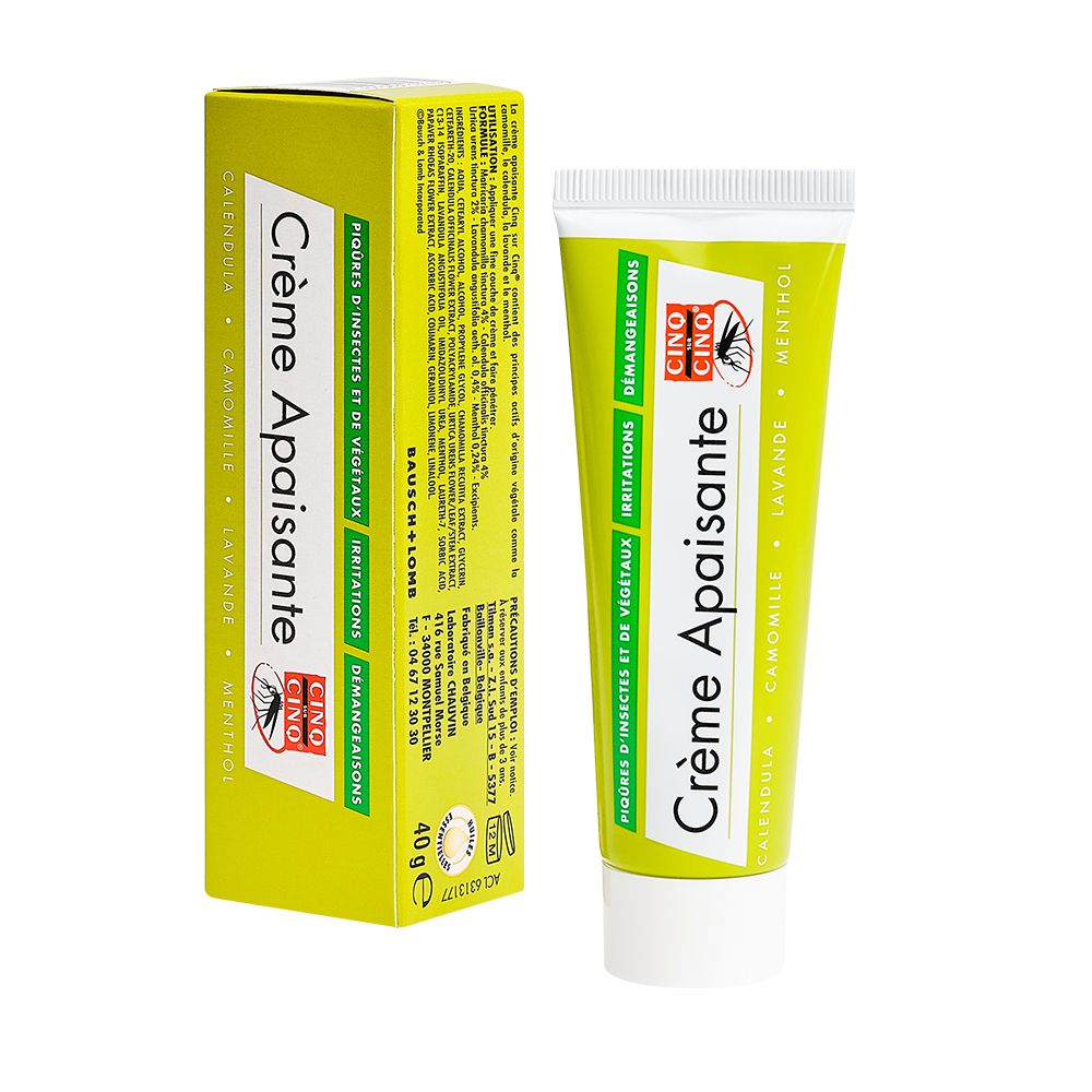 Produit et boîte. Tube et boîte avec nom et logo du produit. Texte : Crème Apaisante, CINO CINO.