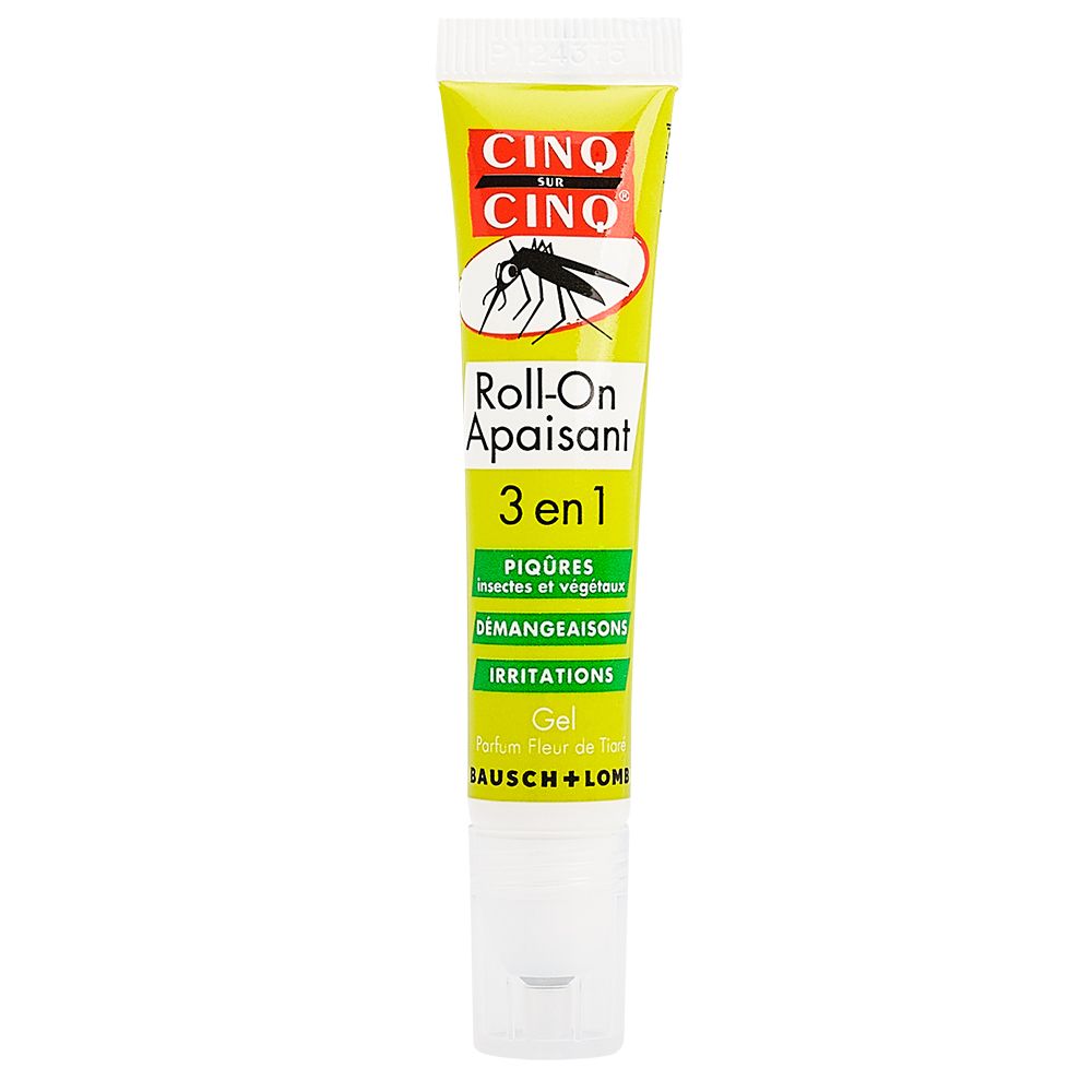 Gel roll-on tube. Gele tube met witte roll-on applicator. Opschrift: CINQ SUR CINQ, Roll-On Apaisant, 3 en 1.