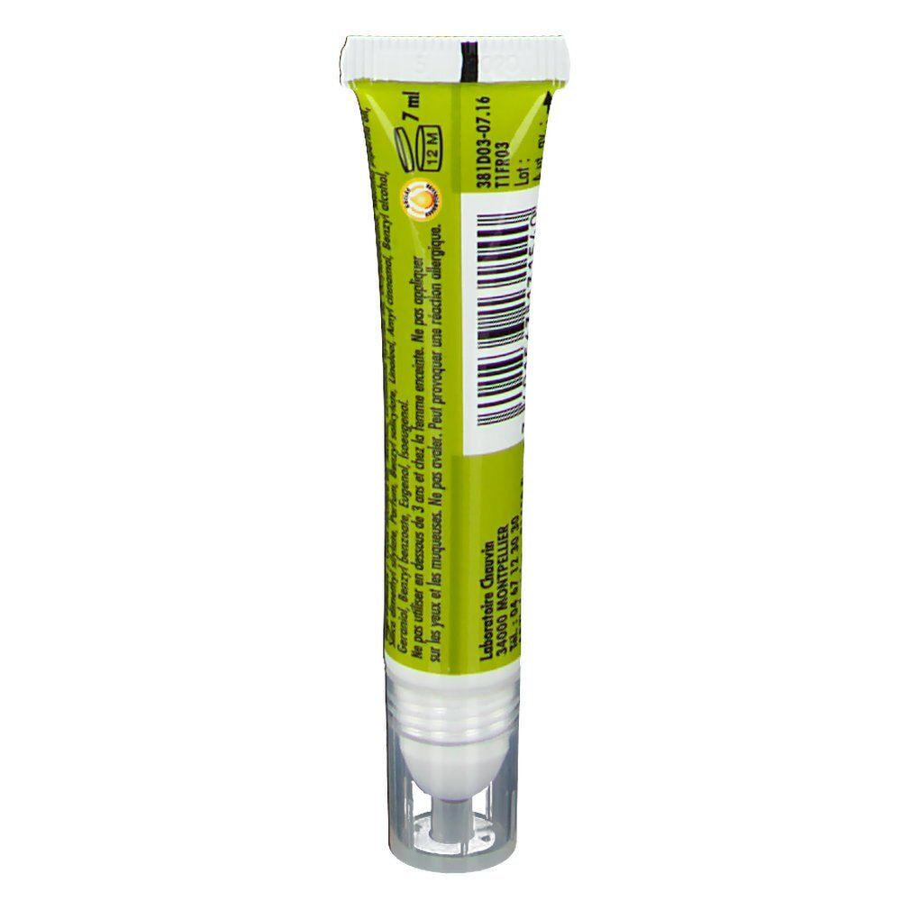 Achterkant van de tube. Gele en groene tube met witte roll-on applicator. Tekst: 7 ml, batchnummer, fabrikantinformatie.