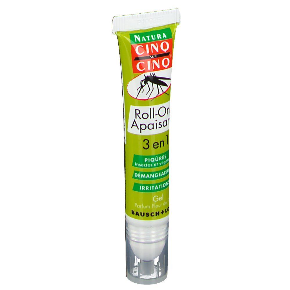 Gel roll-on tube. Gele tube met witte roll-on applicator. Opschrift: CINQ SUR CINQ, Roll-On Apaisant, 3 en 1.