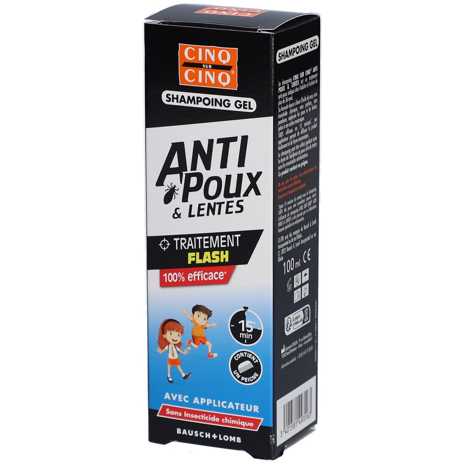 Emballage produit. Texte: Anti-poux & lentes, Traitement Flash, 100% efficace. Avec applicateur. Bausch + Lomb. Logo et nom.