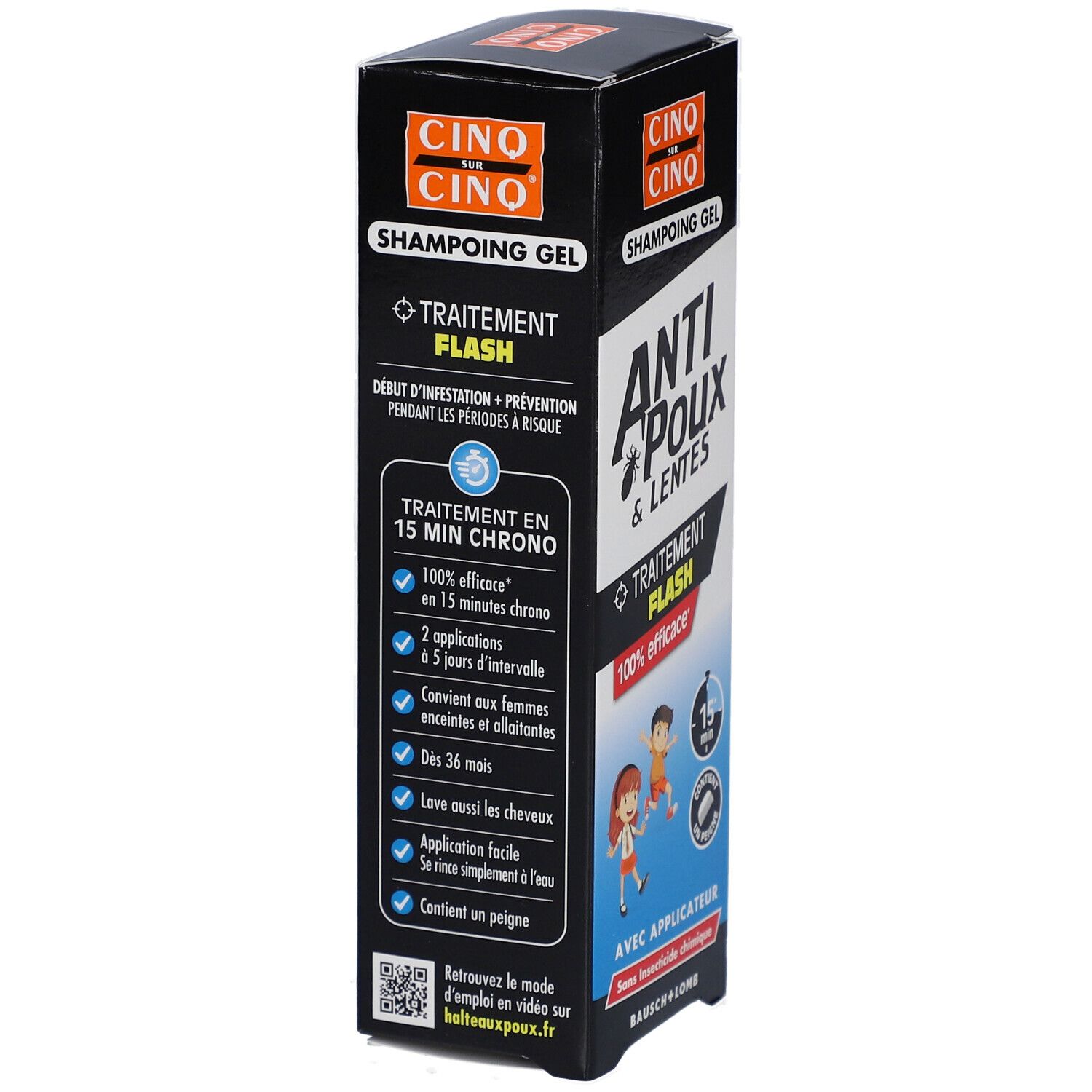 Emballage produit. Texte: Anti-poux & lentes, Traitement Flash, 100% efficace. Avec applicateur. Bausch + Lomb. Détails d'utilisation.