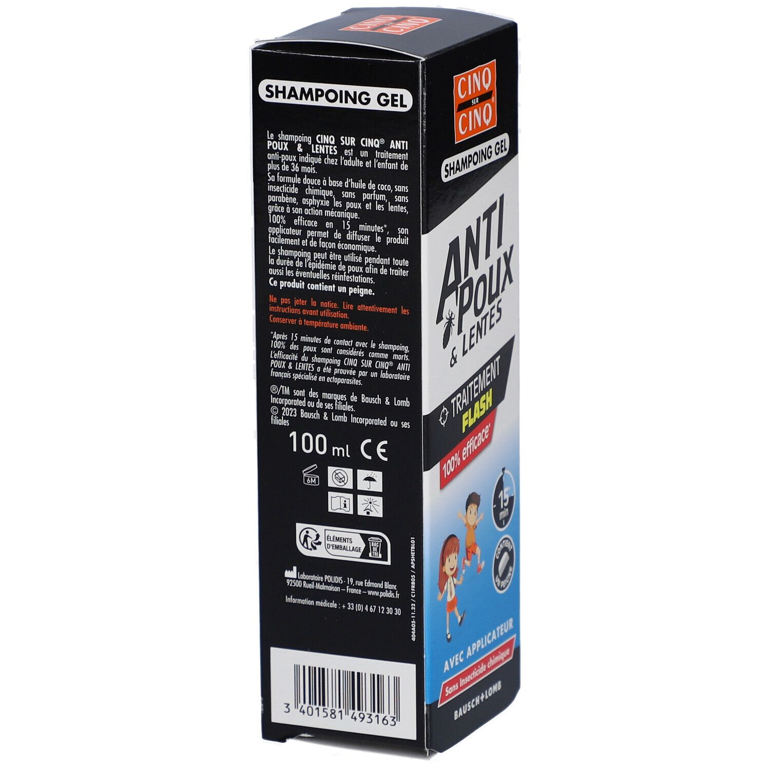 Emballage produit. Texte: Anti-poux & lentes, Traitement Flash, 100% efficace. Avec applicateur. Bausch + Lomb. Informations produit.