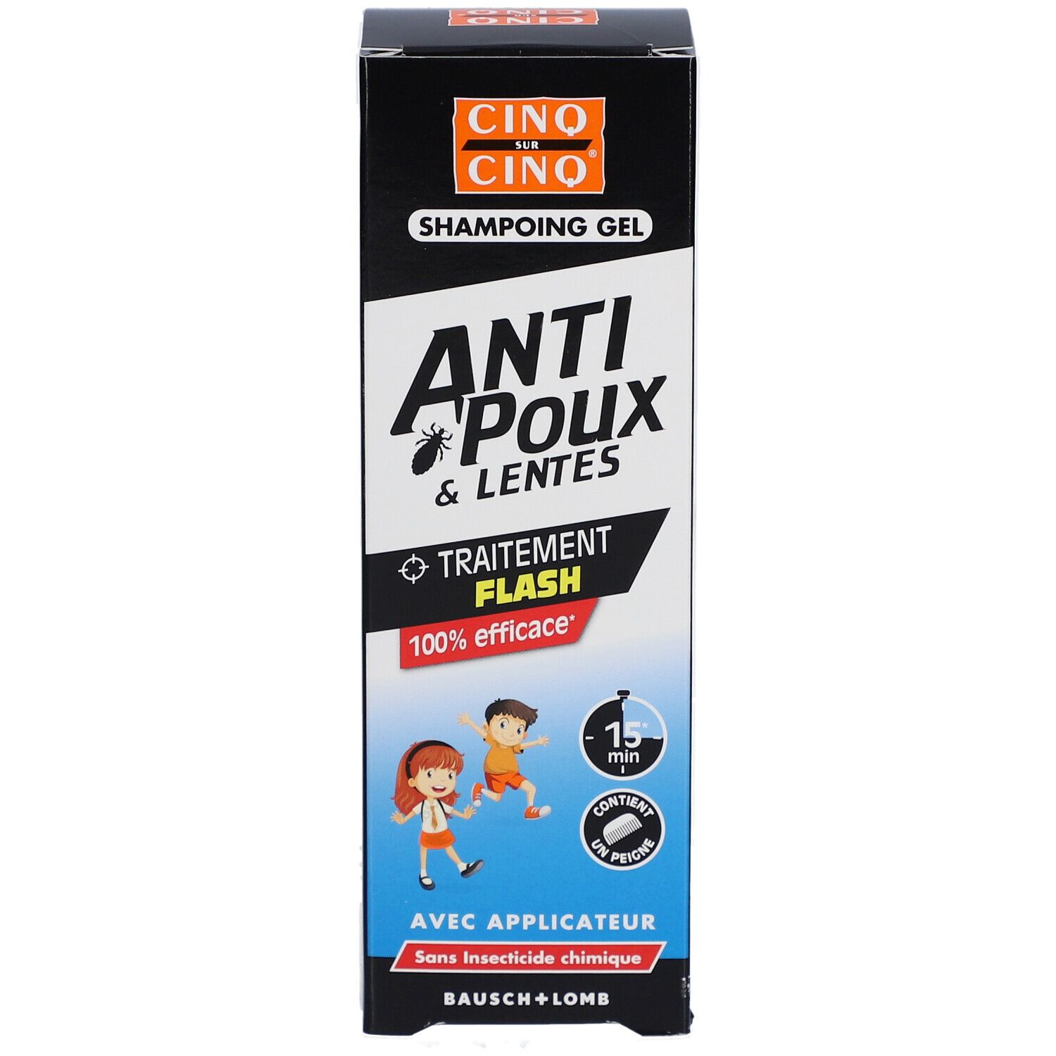 Emballage produit. Texte: Anti-poux & lentes, Traitement Flash, 100% efficace. Avec applicateur. Bausch + Lomb. Informations produit.