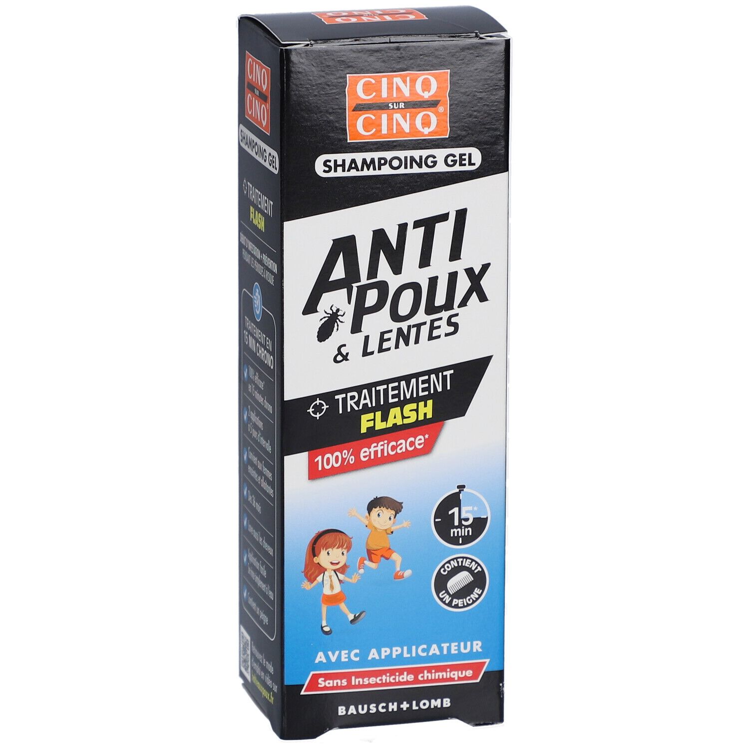 Emballage produit. Texte: Anti-poux & lentes, Traitement Flash, 100% efficace. Avec applicateur. Bausch + Lomb. Logo et nom.