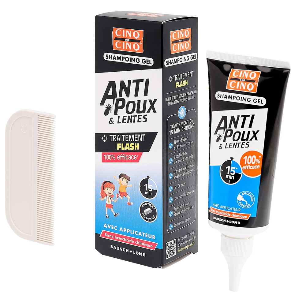 Emballage, produit et peigne. Produit: Anti-poux & lentes, Traitement Flash. Avec applicateur. Bausch + Lomb. Peigne.