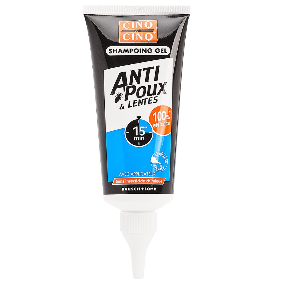 Tube Cinq sur Cinq. Texte: Anti-poux & lentes, Traitement Flash, 100% efficace. Avec applicateur. Bausch + Lomb.