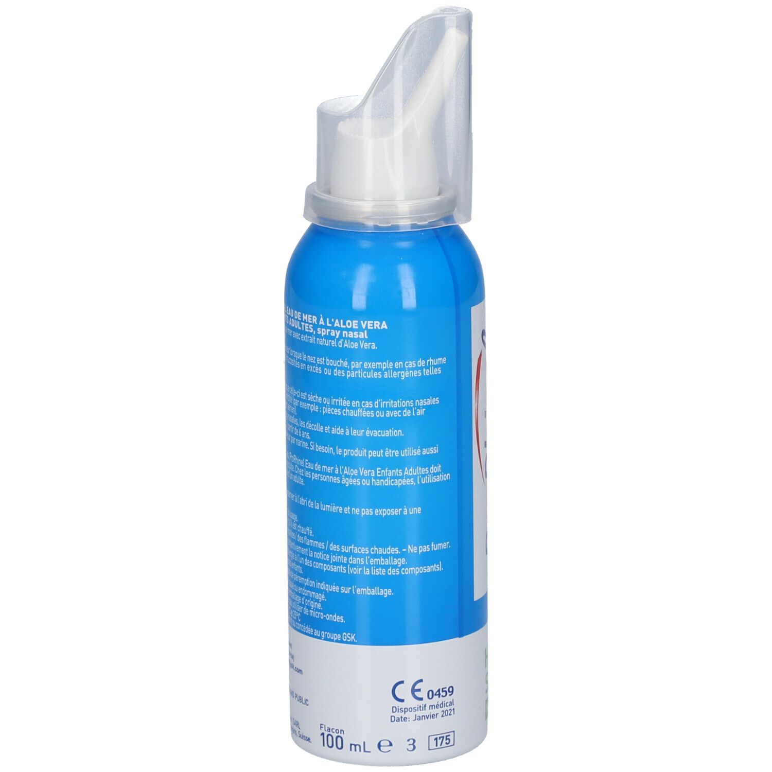Blauwe sprayfles met tekst. Bevat zeewater en aloë vera. Voor volwassenen en kinderen. 100 ml.