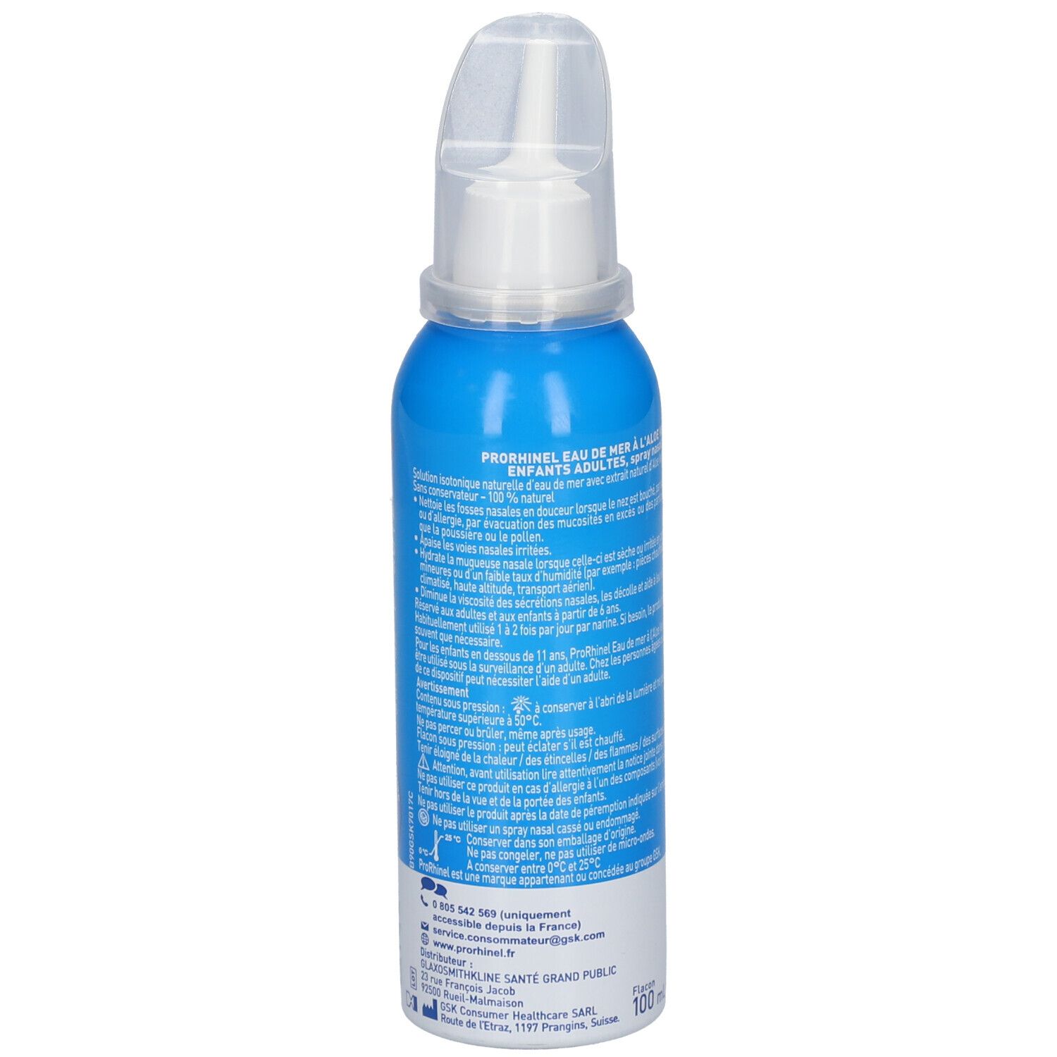 Blauwe sprayfles met tekst. Zeewater met aloë vera. Voor volwassenen en kinderen. 100 ml.