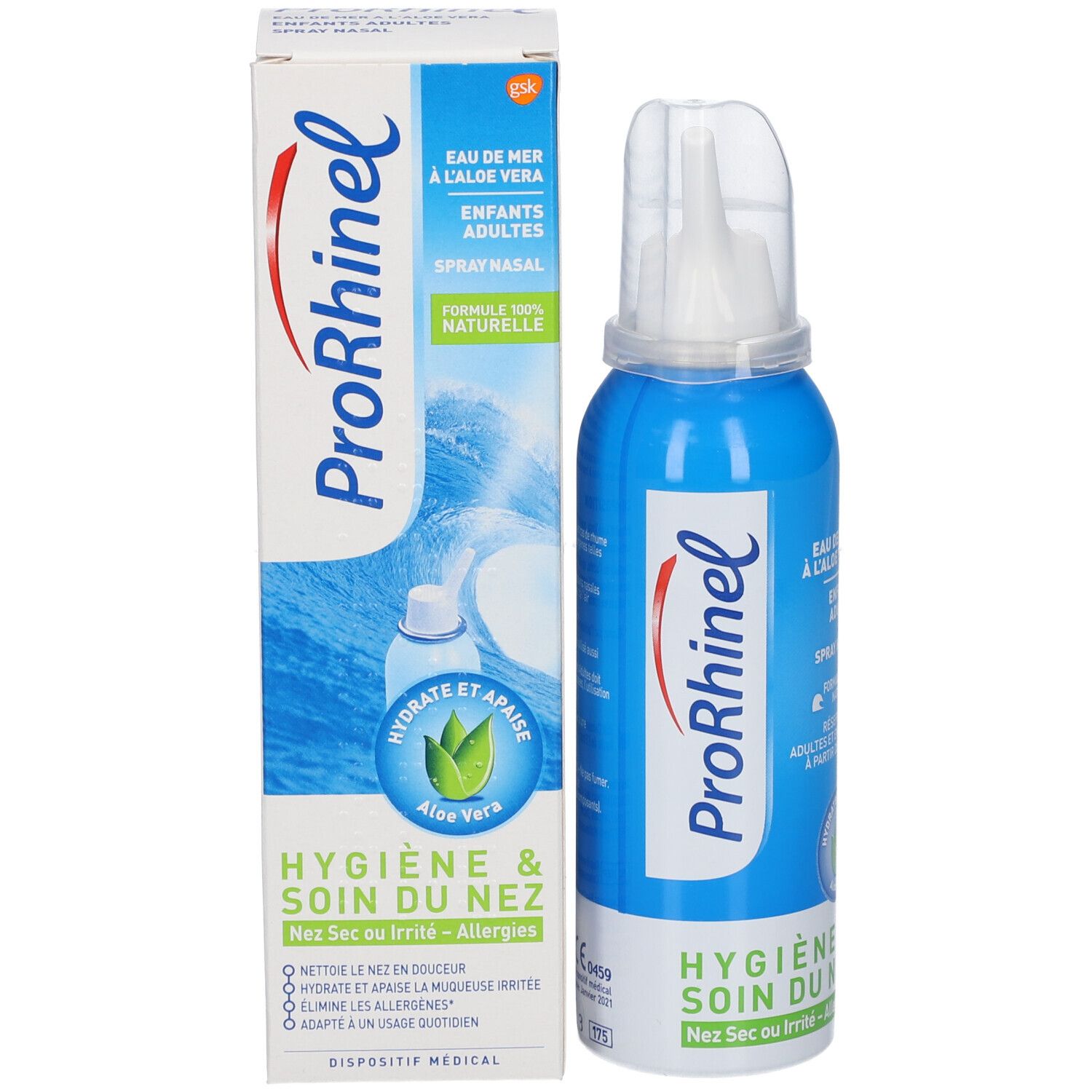 Verpakking en sprayfles. ProRhinel-logo. Zeewater met aloë vera. Voor volwassenen en kinderen.