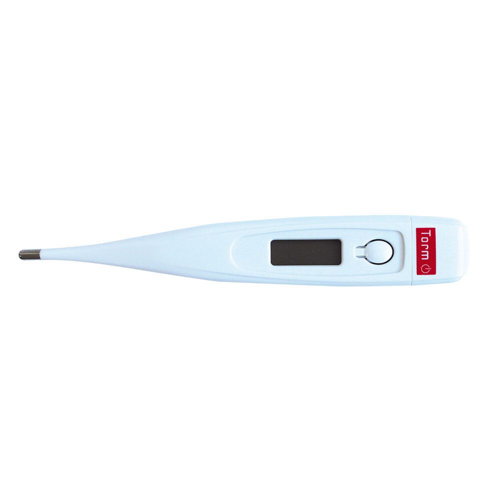 Wit elektronische thermometer met digitale display en rood logo. Slanke, langwerpige vorm.