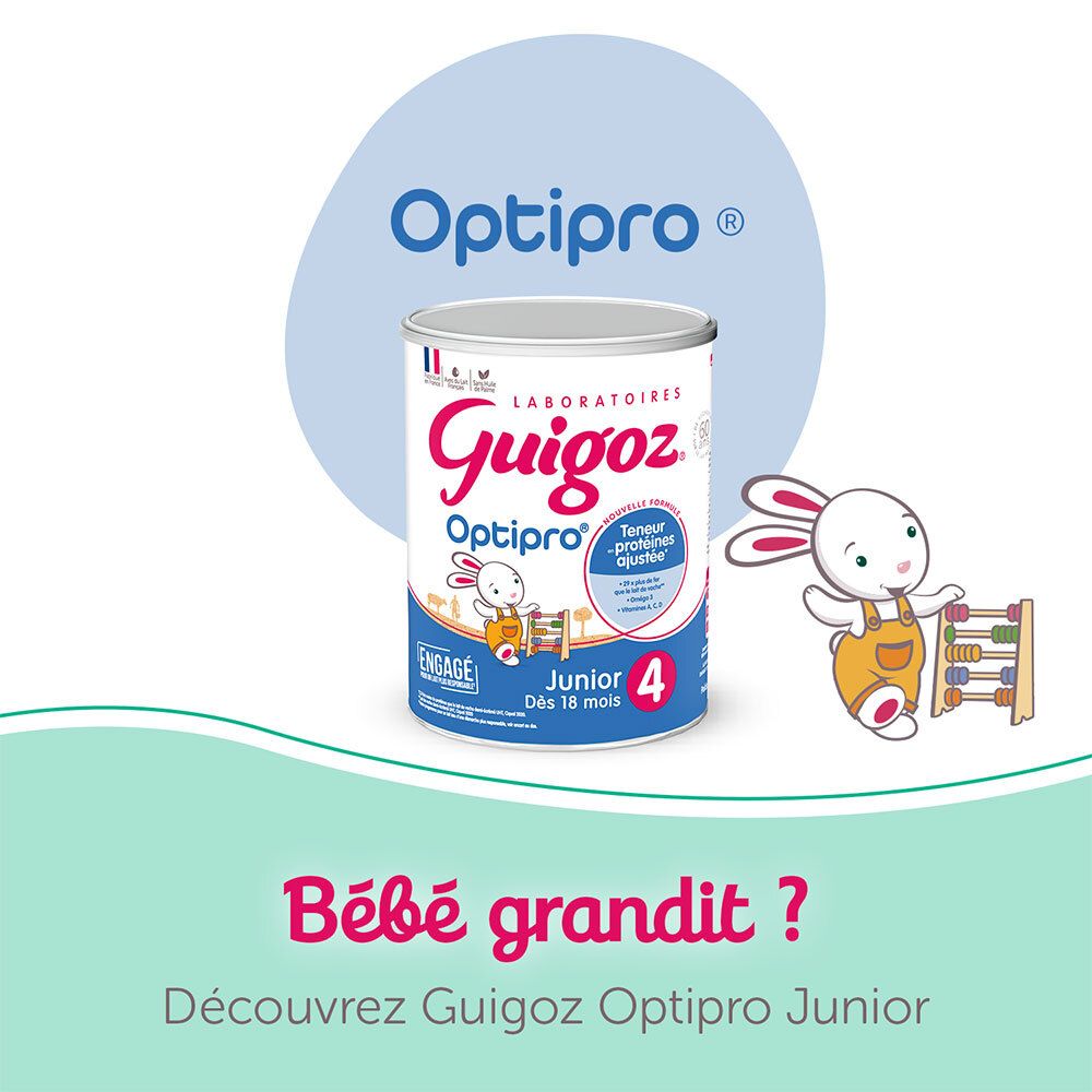 Boîte Guigoz Optipro Junior 4. Avec le logo Guigoz et un dessin animé de lapin. Pour bébés à partir de 10 mois.