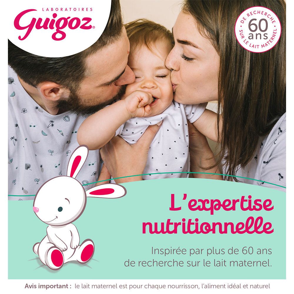 Image promotionnelle avec parents et bébé. Texte : 'L'expertise nutritionnelle'. Logo Guigoz. 60 ans de recherche.