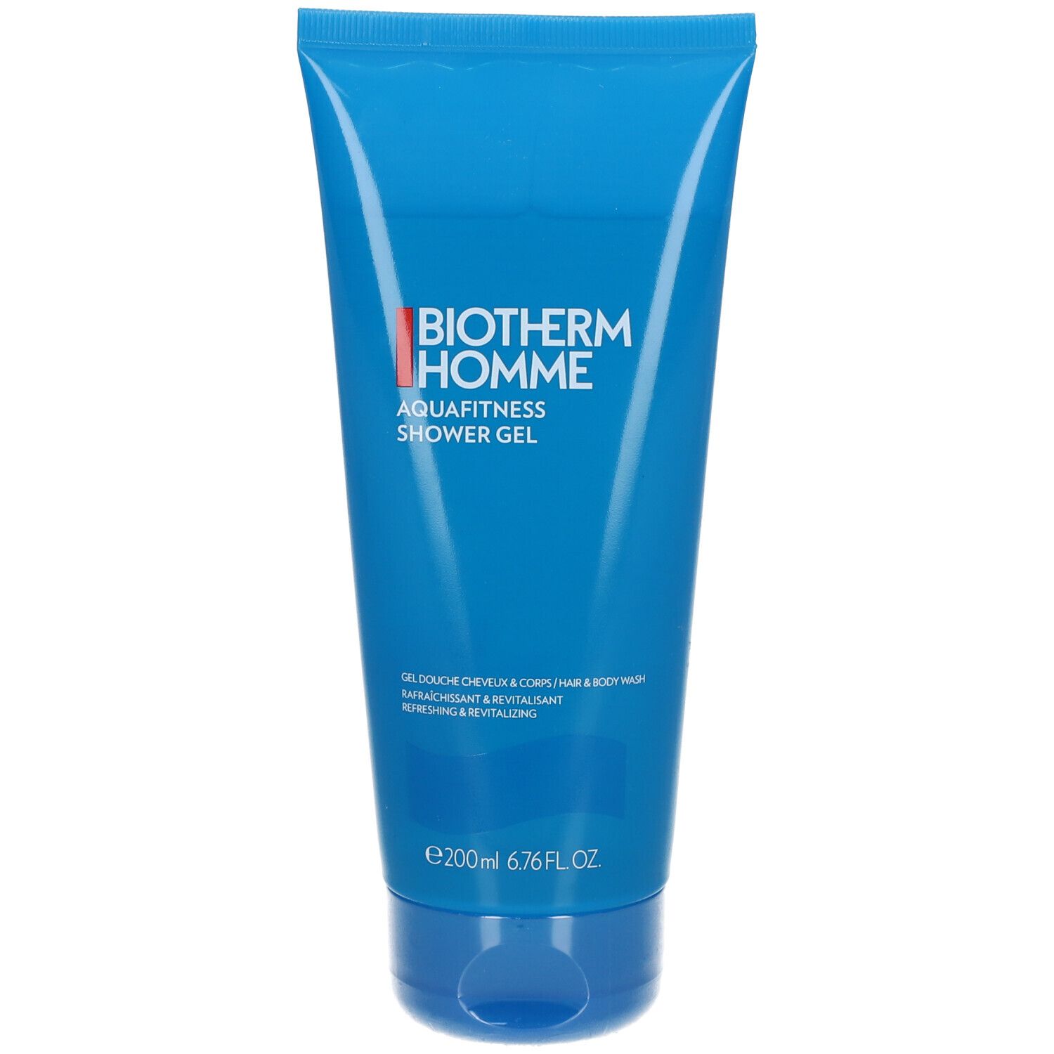 Gel douche bleu Biotherm Homme Aquafitness. Inscription: Shower Gel. 200ml.