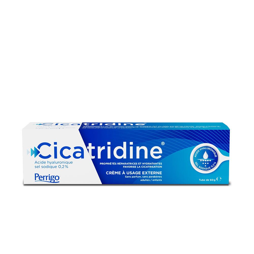 Cicatridine® Crème tube en verpakking. Blauw en wit. Bevat hyaluronzuur. Voor volwassenen en kinderen.