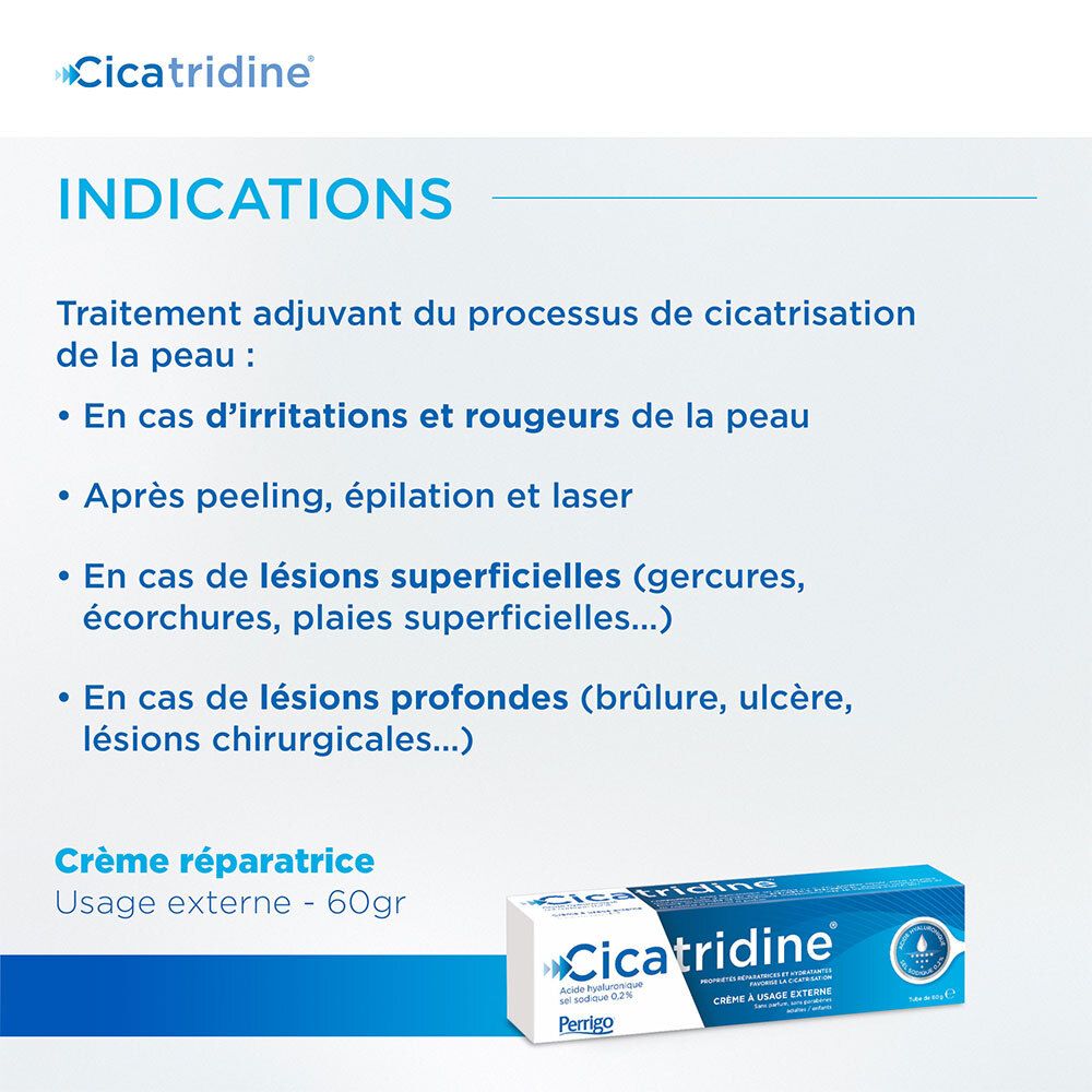 Tekst: Indicaties. Crème voor huidherstel. Voor irritaties, na peeling, oppervlakkige en diepe letsels.
