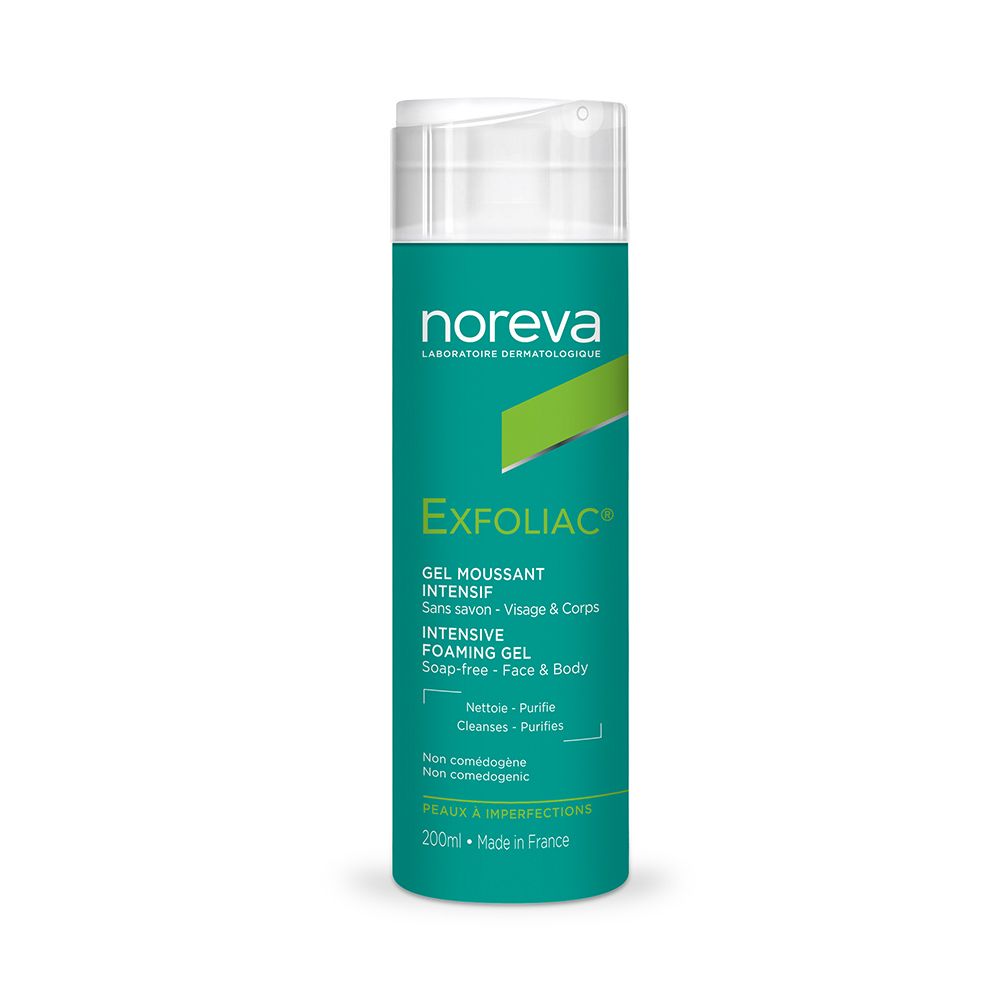 Groene fles met witte dop. Opschrift: Noreva Exfoliac Gel moussant intensif. Franse en Engelse teksten.