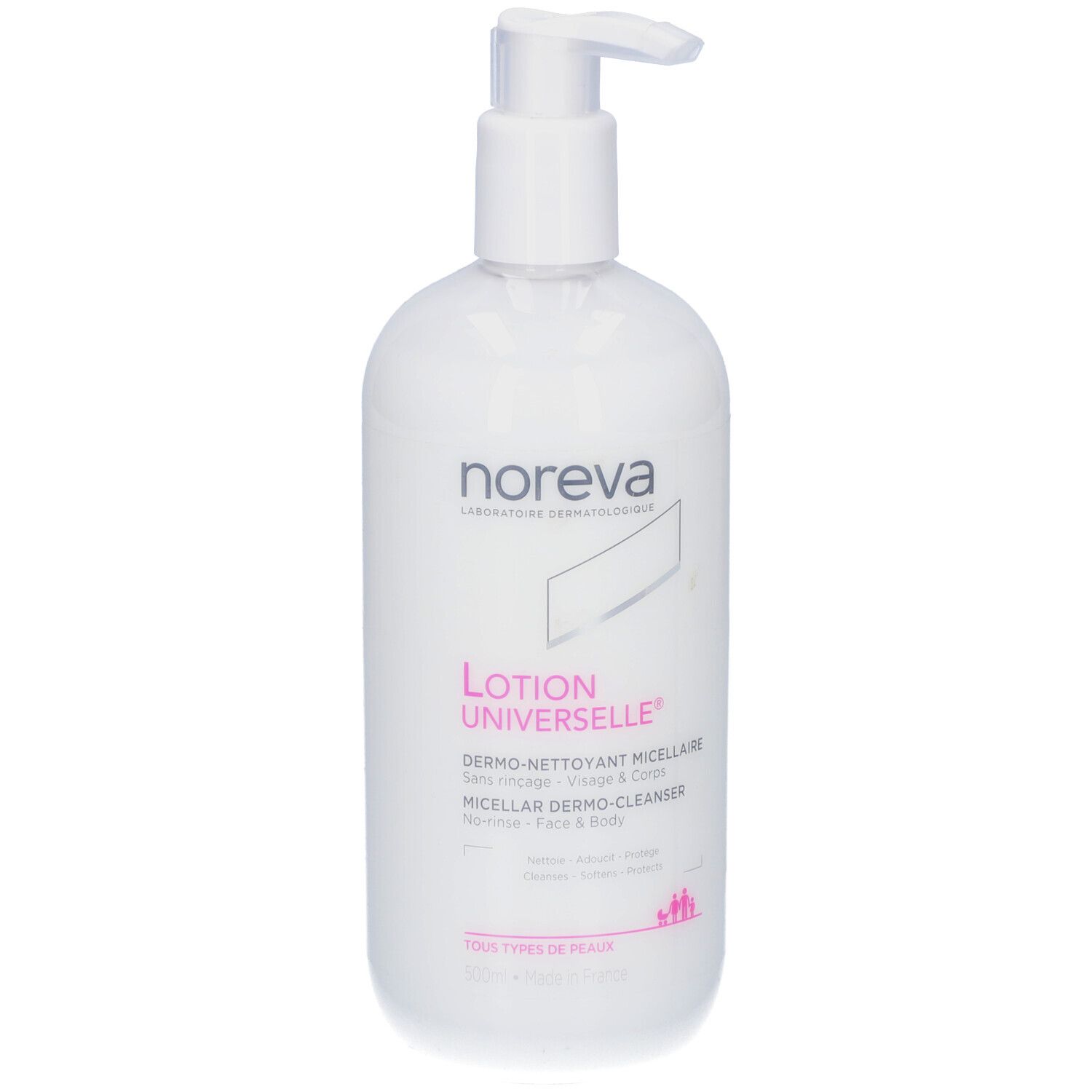 Witte fles met pomp. Opschrift: Noreva, Lotion Universelle, Dermo-Nettoyant Micellaire, Micellar Dermo-Cleanser. Voor gezicht & lichaam.