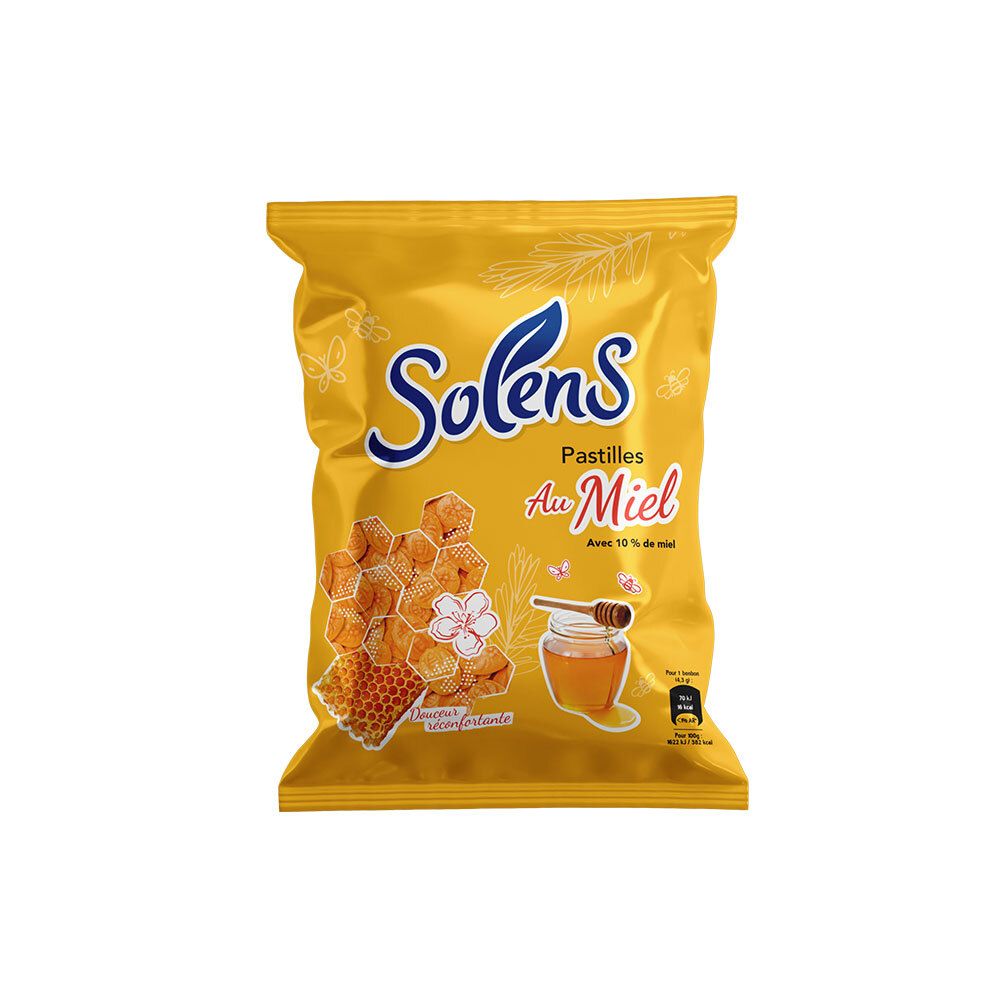 Gele verpakking Solens Pastilles Au Miel. Illustratie van honingraat, honingpot en lepel. Opschrift: Avec 10% de miel.