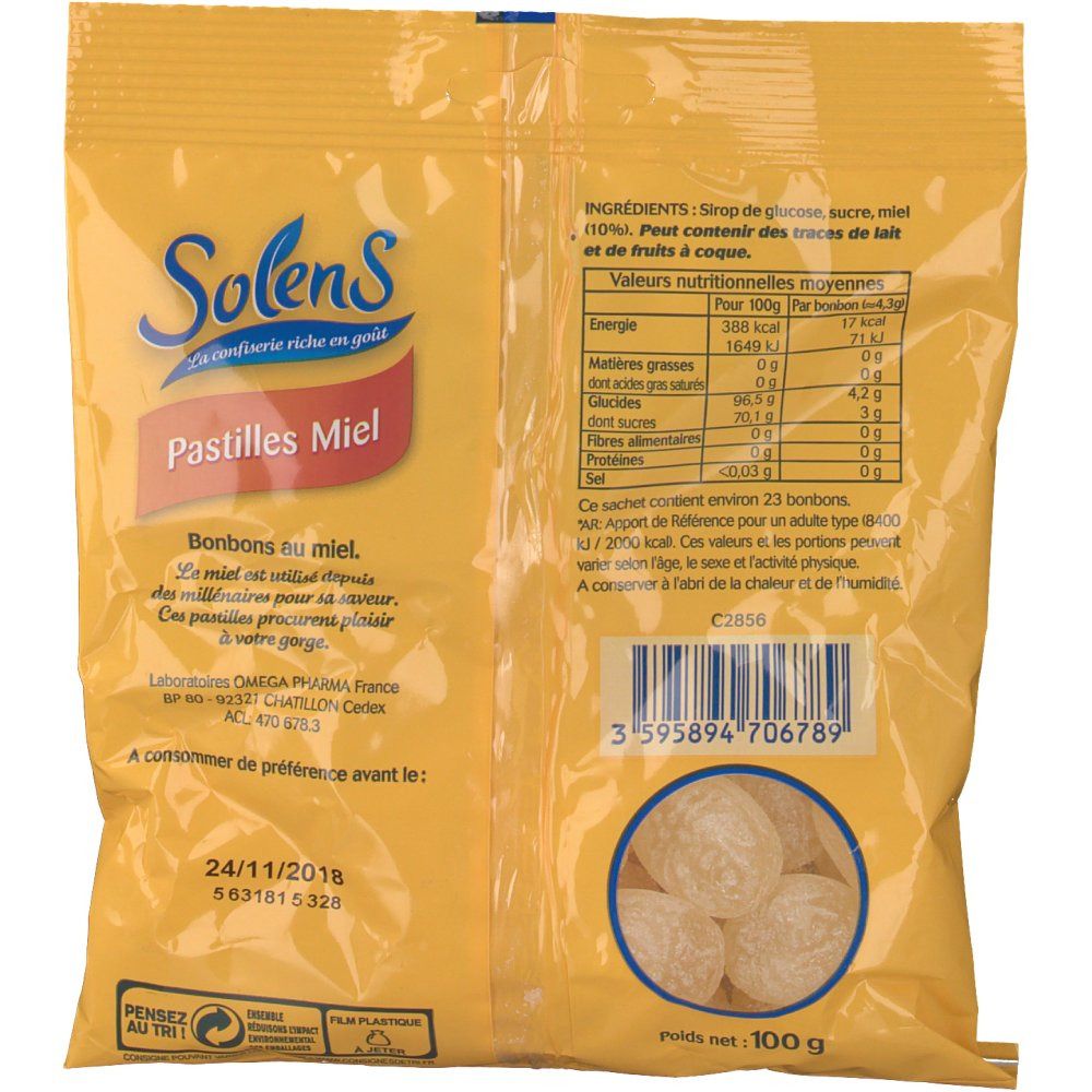 Achterkant van de gele verpakking Solens Pastilles Miel. Bevat voedingswaarde, ingrediënten en barcode. Inhoud: 100g.