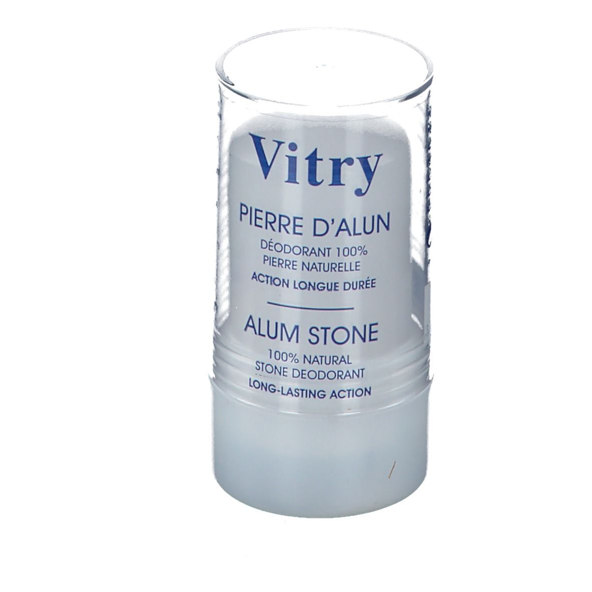 Deodorantstick in transparante huls. Productnaam: Vitry Pierre d'Alun. Tekst: 100% natuurlijke deodorant.