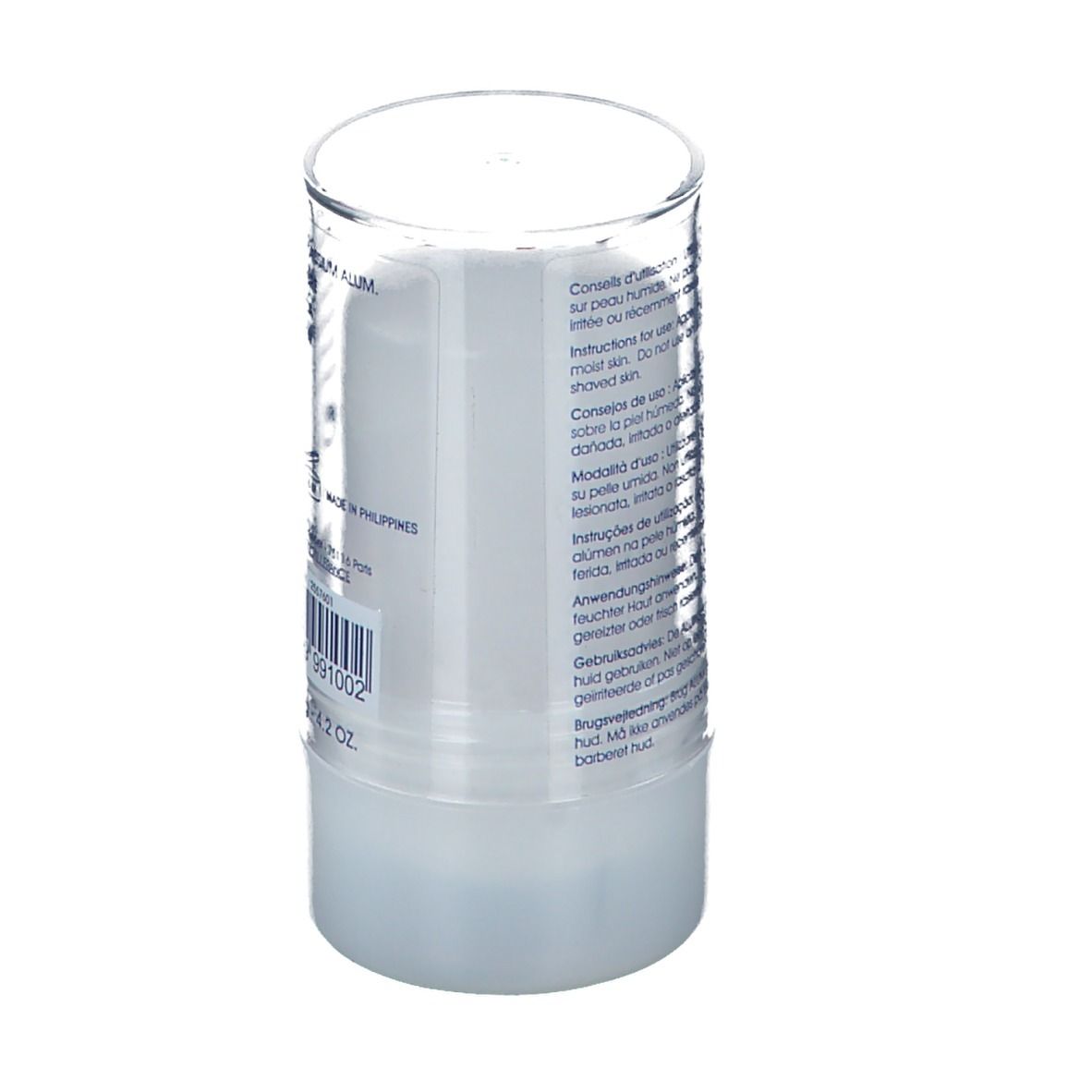 Deodorantstick met transparante dop. Tekst: Gebruiksaanwijzing in meerdere talen.