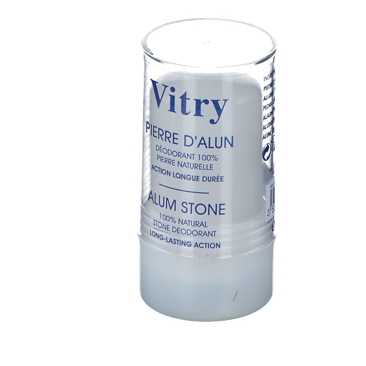 Deodorantstick in transparante huls. Productnaam: Vitry Pierre d'Alun. Tekst: 100% natuurlijke deodorant.