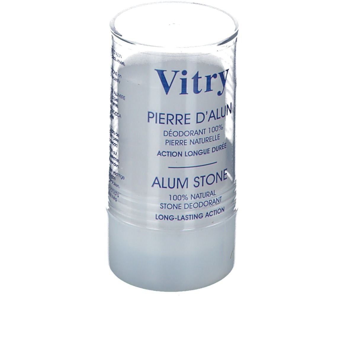 Deodorantstick in transparante huls. Productnaam: Vitry Pierre d'Alun. Tekst: 100% natuurlijke deodorant.