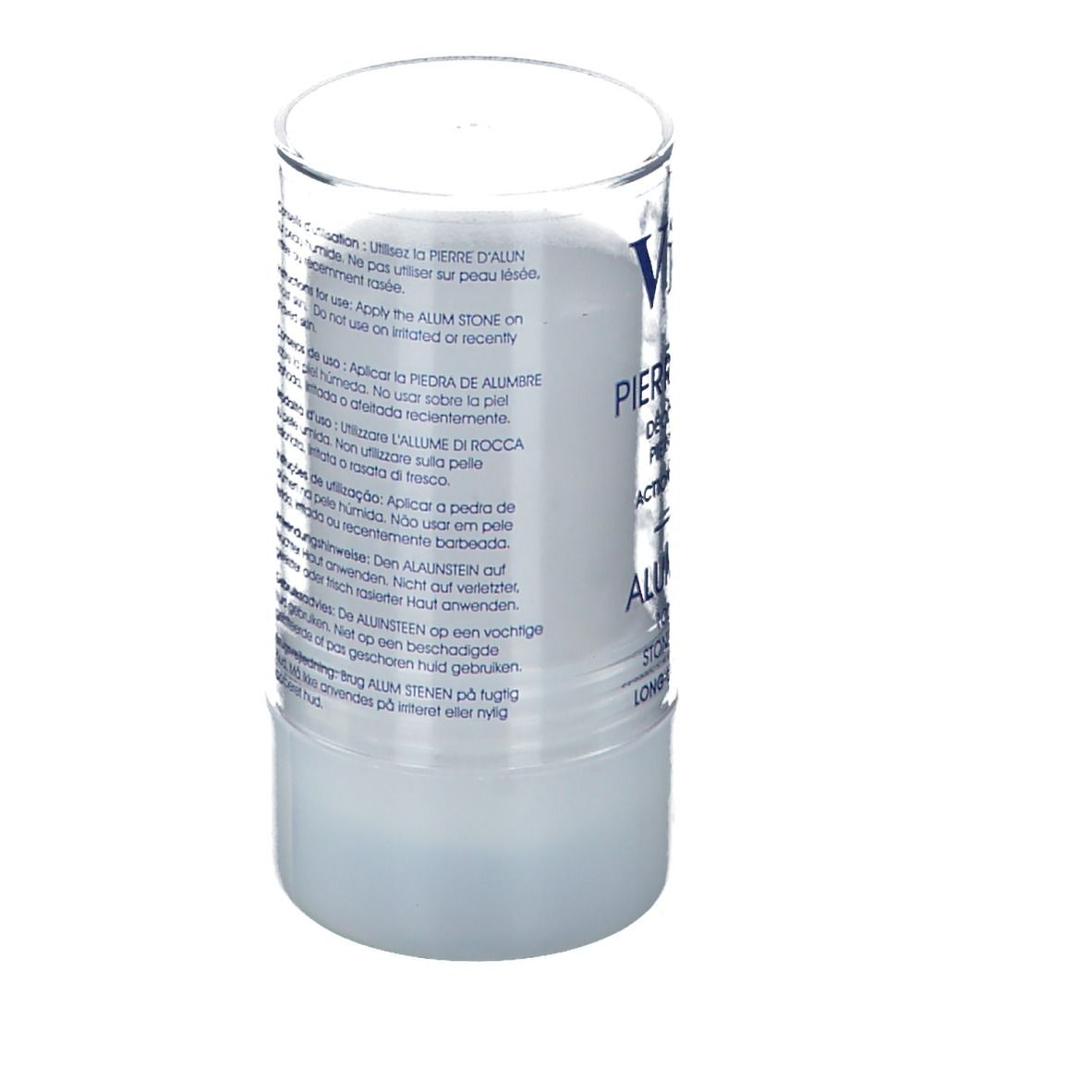 Deodorantstick met transparante dop. Tekst: Gebruiksaanwijzing in meerdere talen.